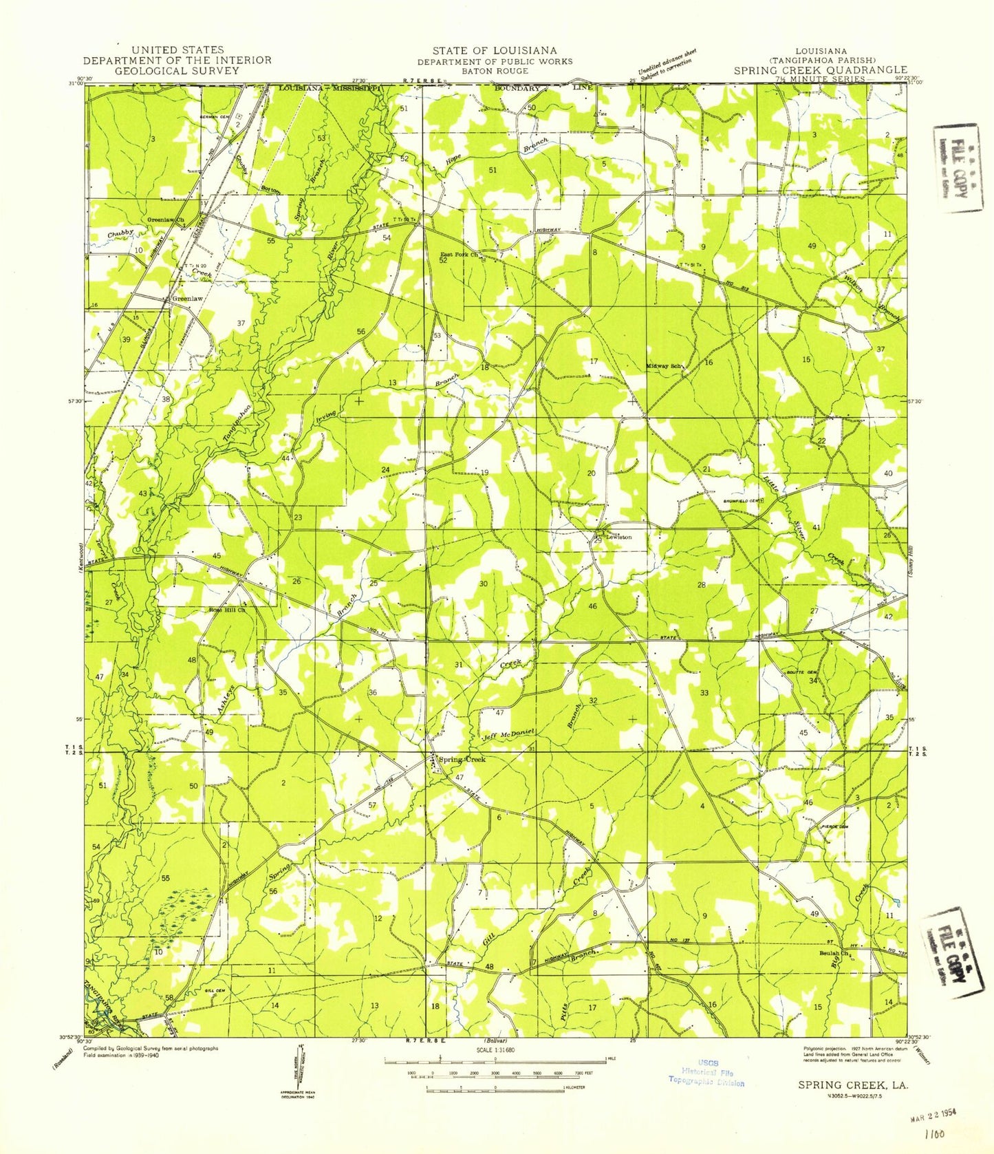 Classic USGS Spring Creek Louisiana 7.5'x7.5' Topo Map Image