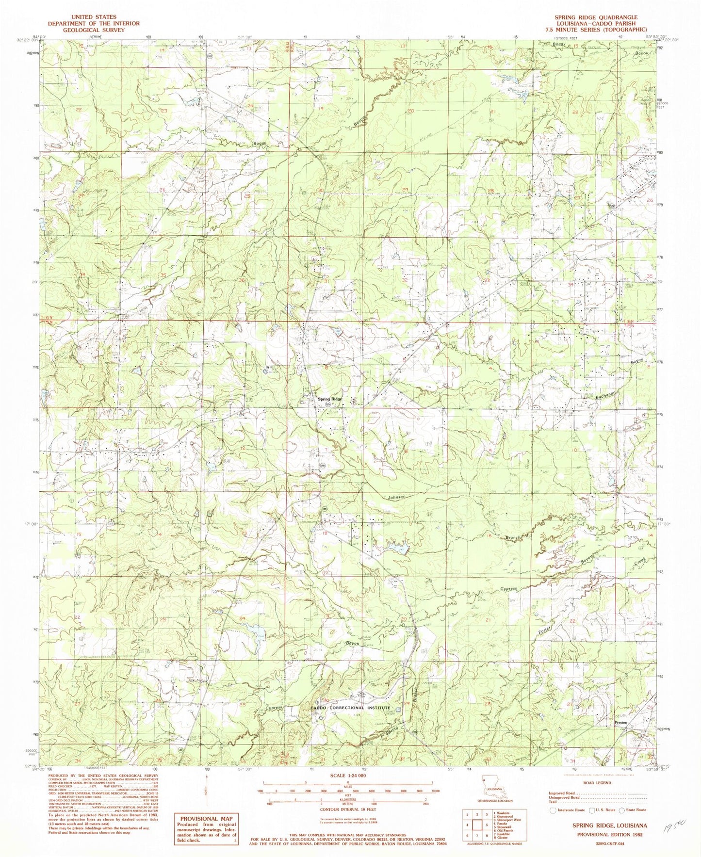 Classic USGS Spring Ridge Louisiana 7.5'x7.5' Topo Map Image