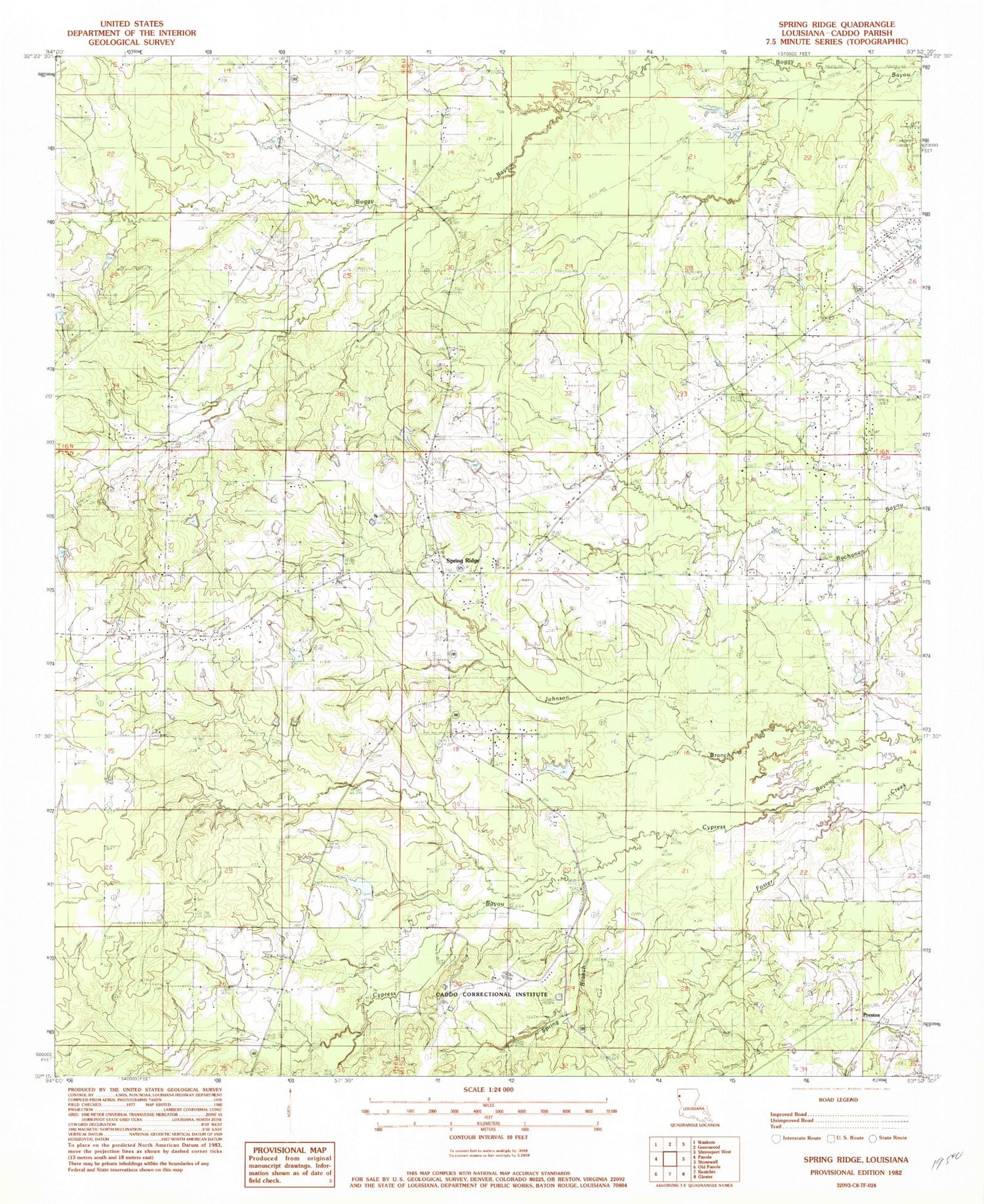 Classic USGS Spring Ridge Louisiana 7.5'x7.5' Topo Map Image