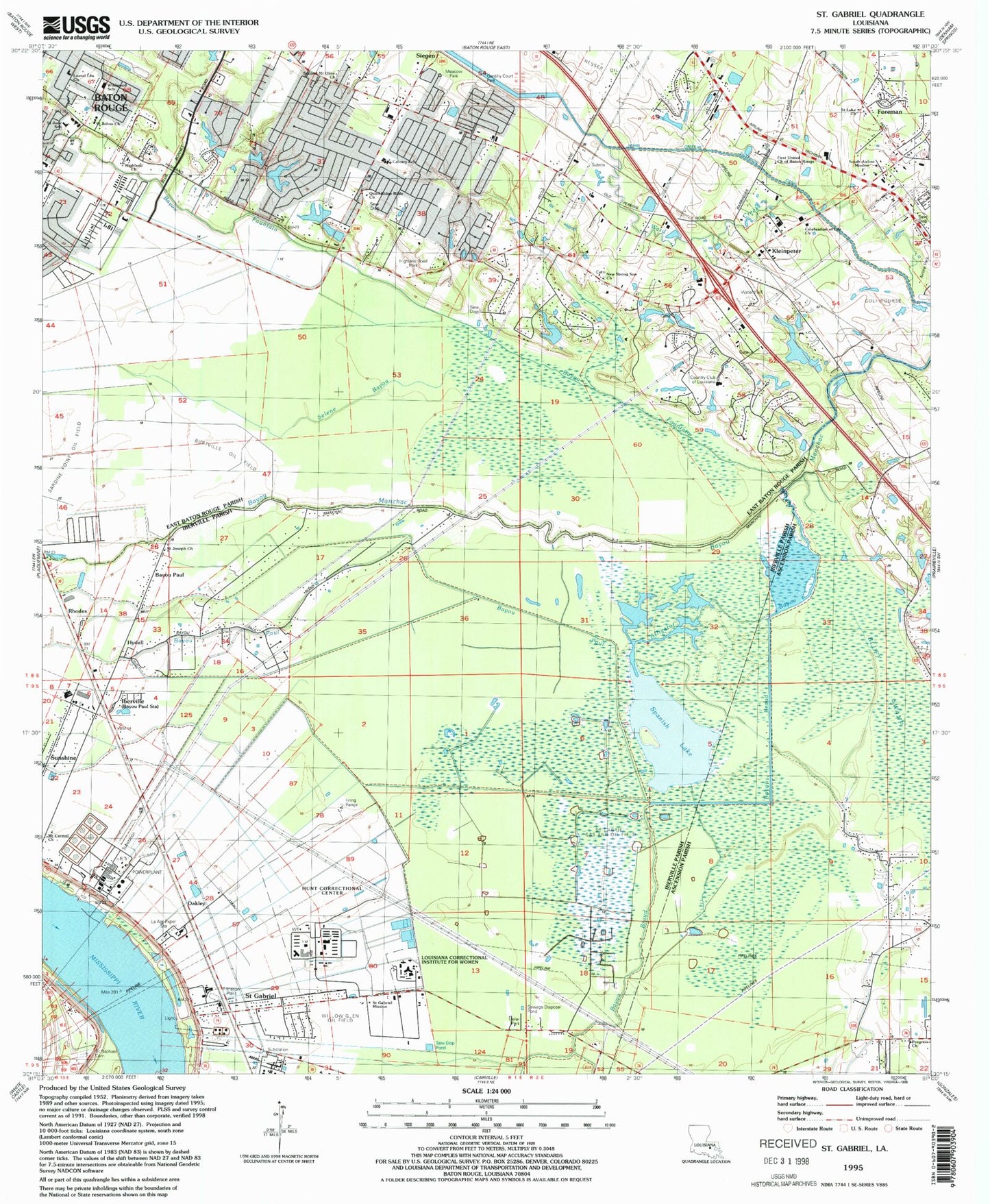 Classic USGS Saint Gabriel Louisiana 7.5'x7.5' Topo Map Image