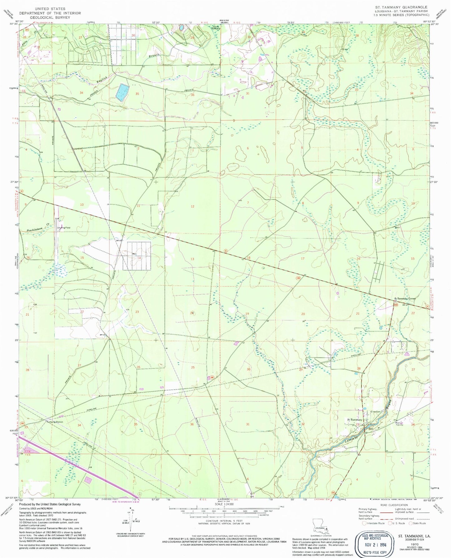 Classic USGS Saint Tammany Louisiana 7.5'x7.5' Topo Map Image