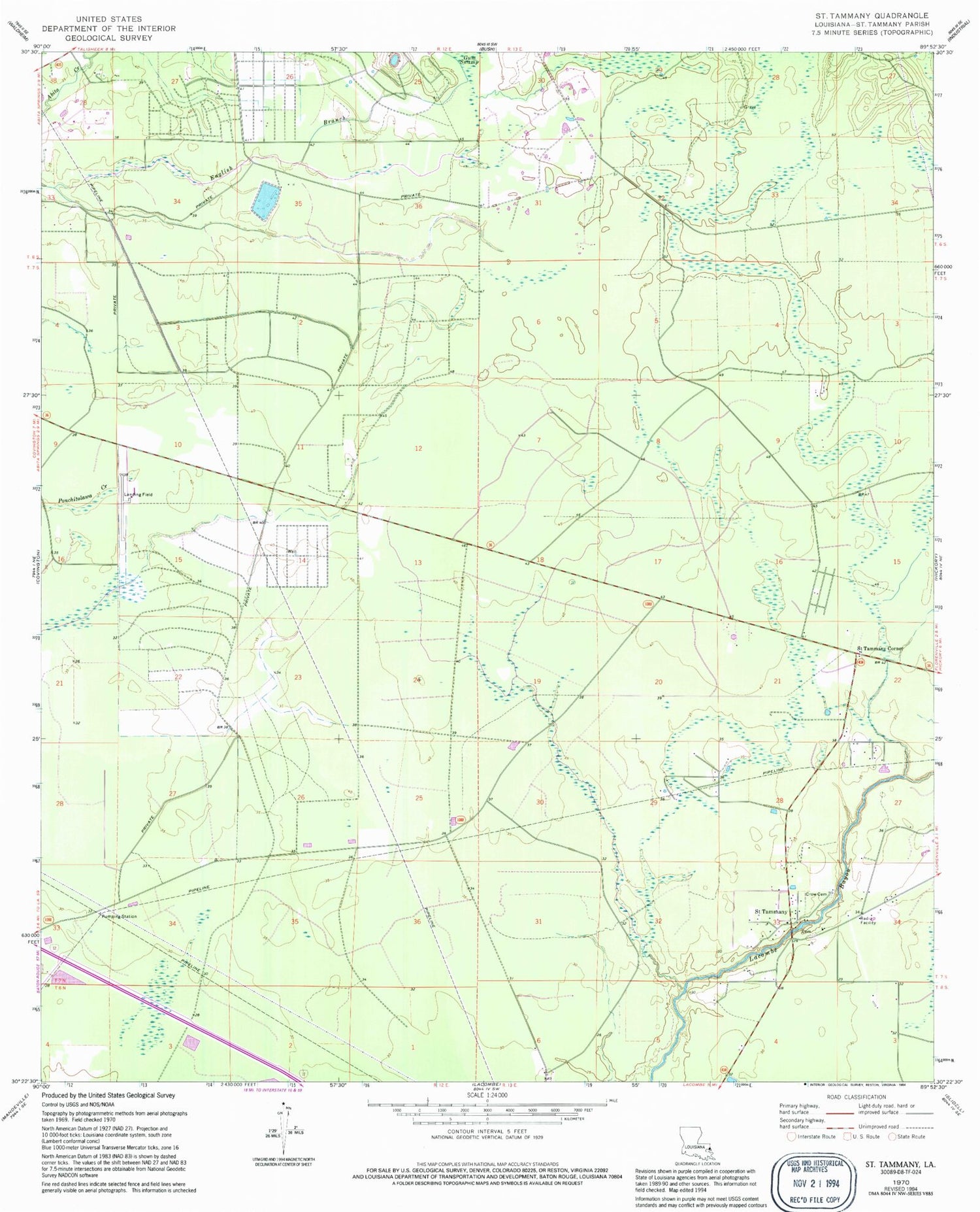 Classic USGS Saint Tammany Louisiana 7.5'x7.5' Topo Map Image