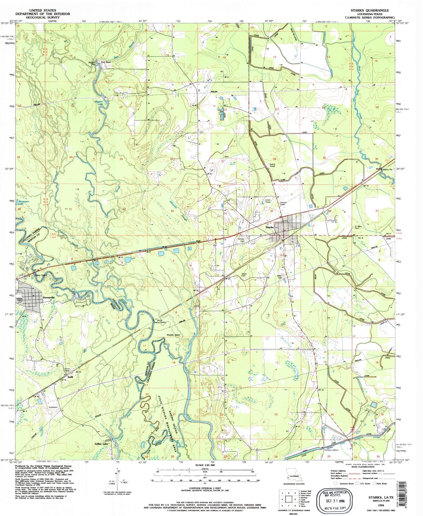 Classic USGS Starks Louisiana 7.5'x7.5' Topo Map Image