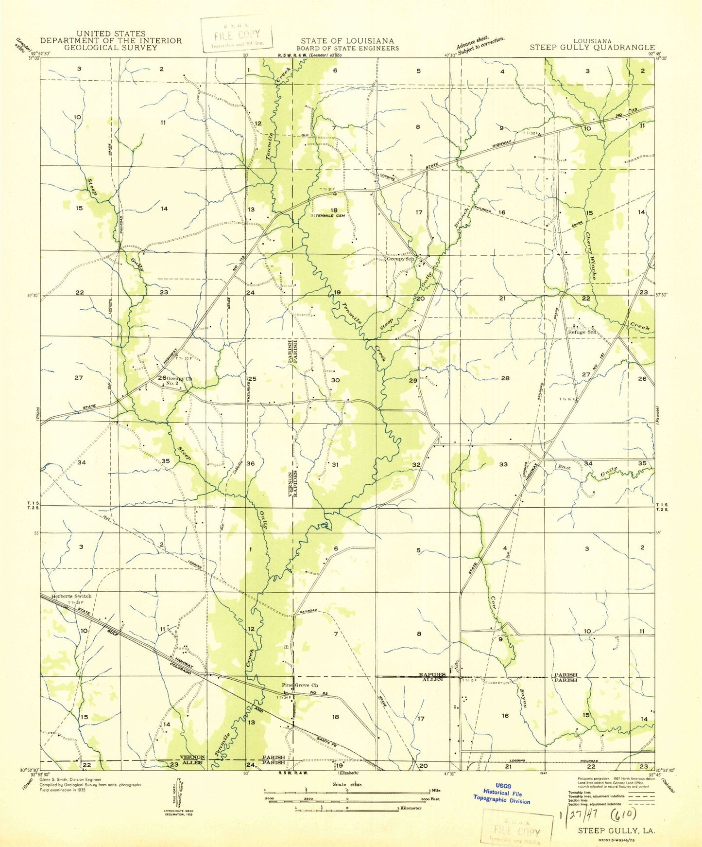Classic USGS Steep Gully Louisiana 7.5'x7.5' Topo Map Image