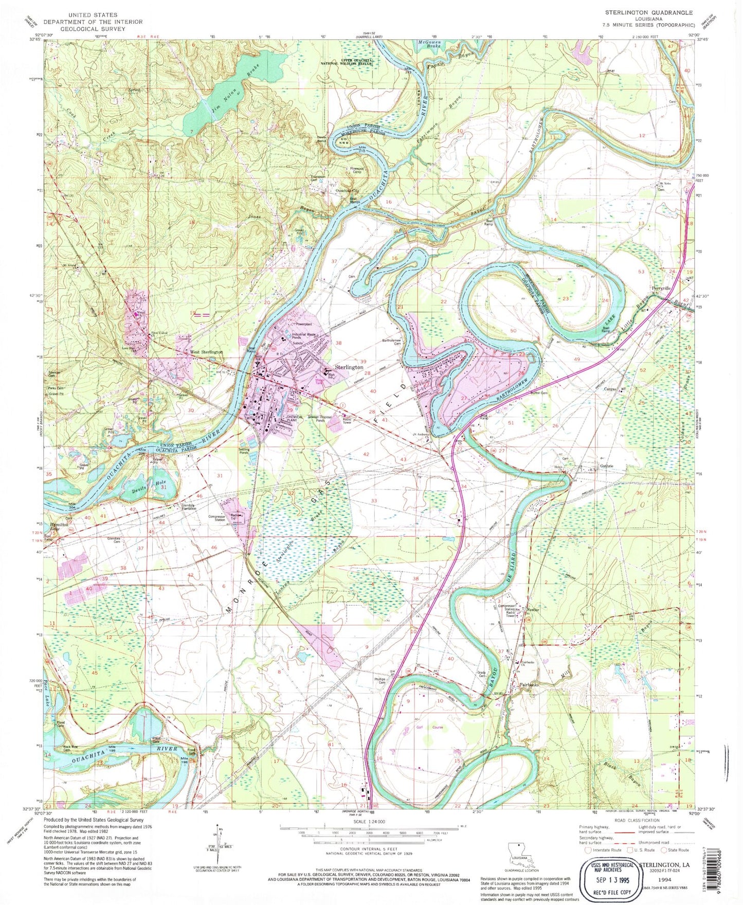 Classic USGS Sterlington Louisiana 7.5'x7.5' Topo Map Image