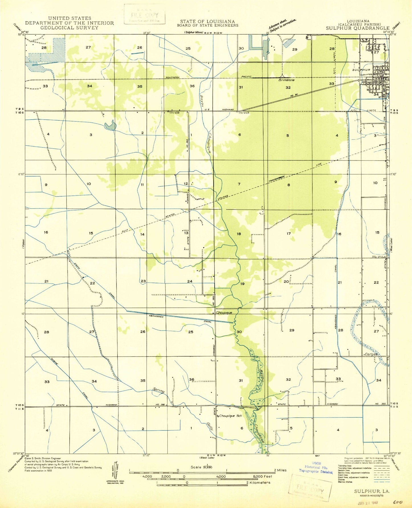Classic USGS Sulphur Louisiana 7.5'x7.5' Topo Map Image