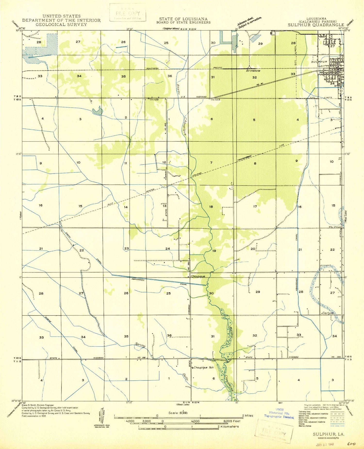 Classic USGS Sulphur Louisiana 7.5'x7.5' Topo Map Image