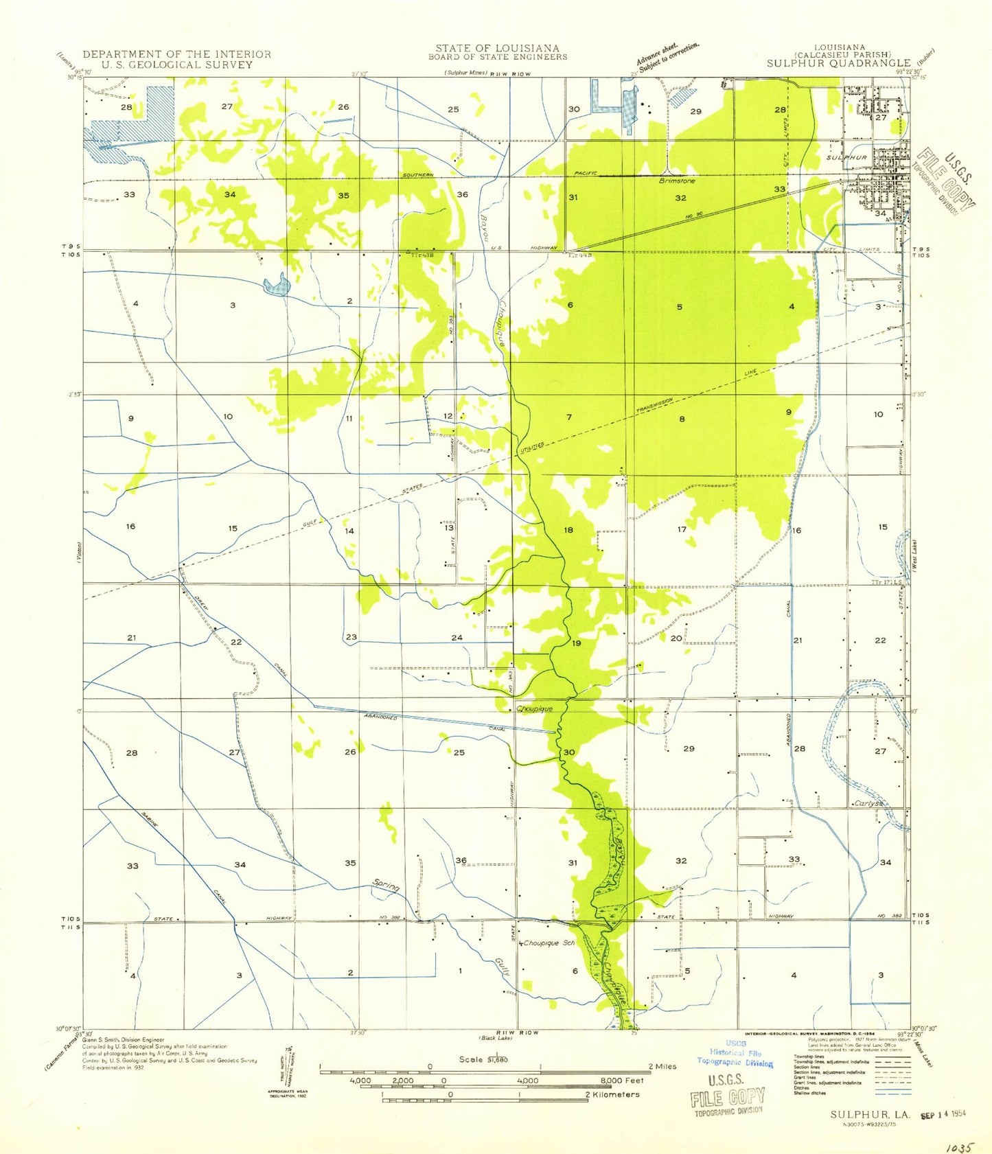Classic USGS Sulphur Louisiana 7.5'x7.5' Topo Map Image