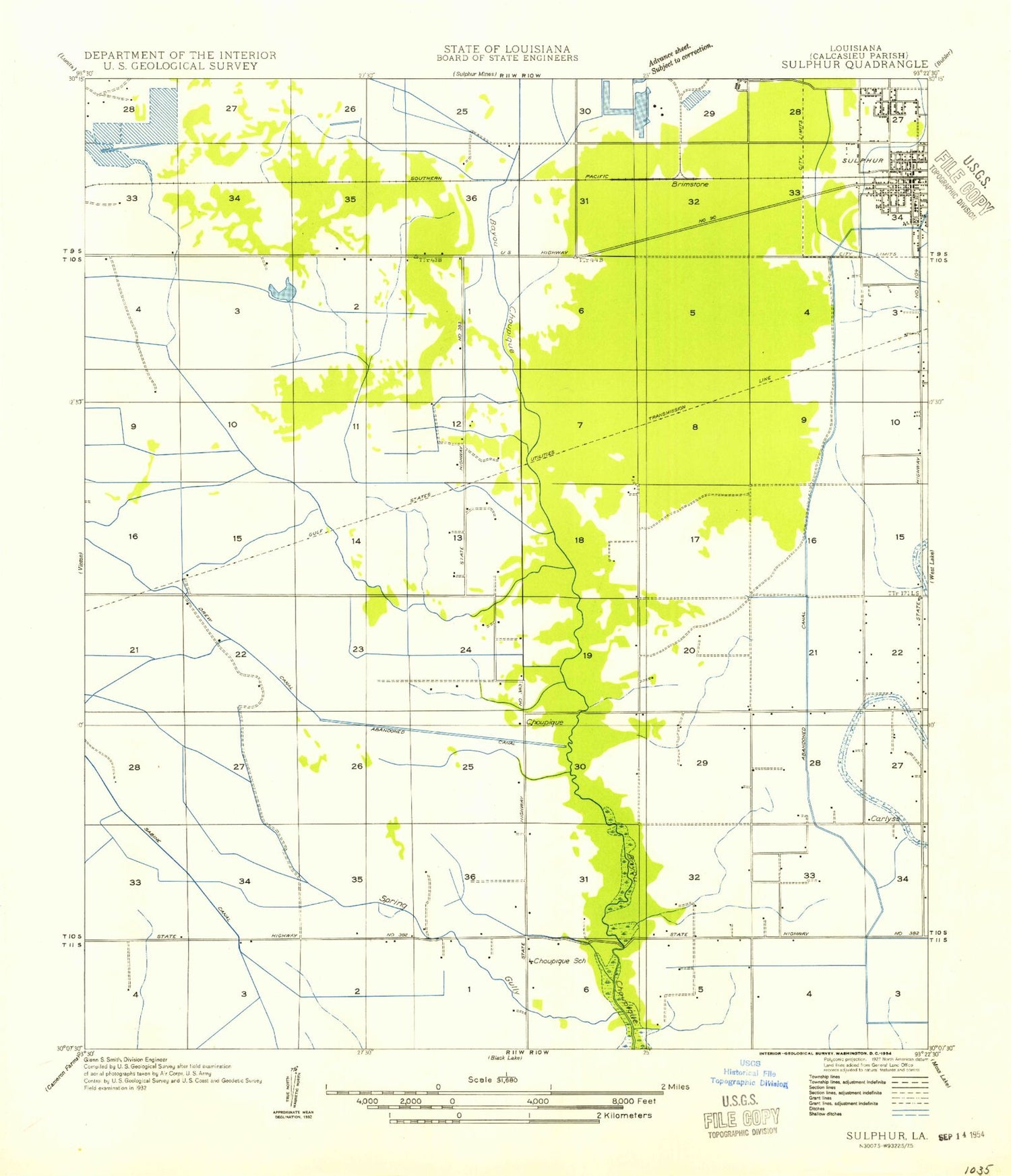 Classic USGS Sulphur Louisiana 7.5'x7.5' Topo Map Image