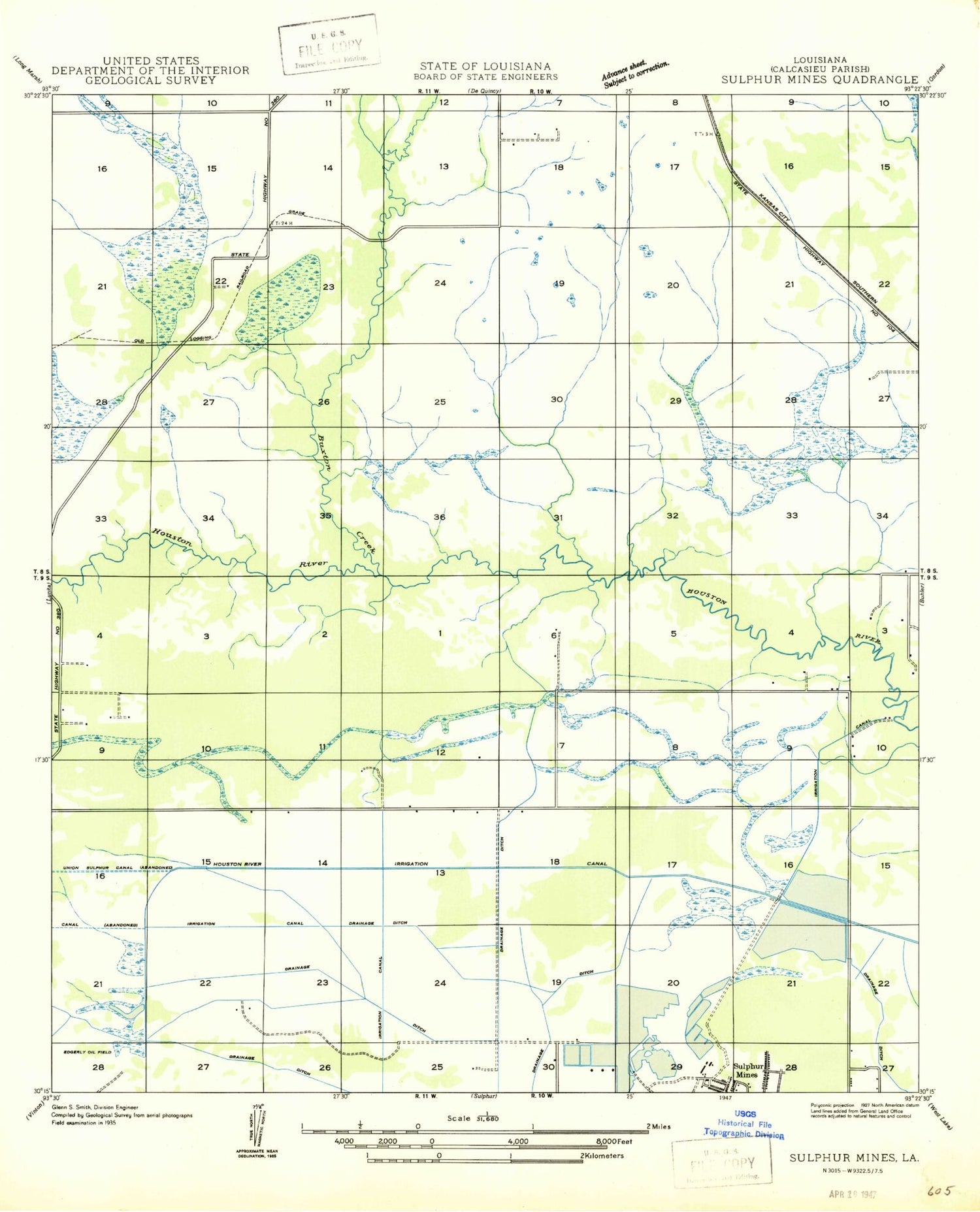 Classic USGS Brimstone Louisiana 7.5'x7.5' Topo Map Image