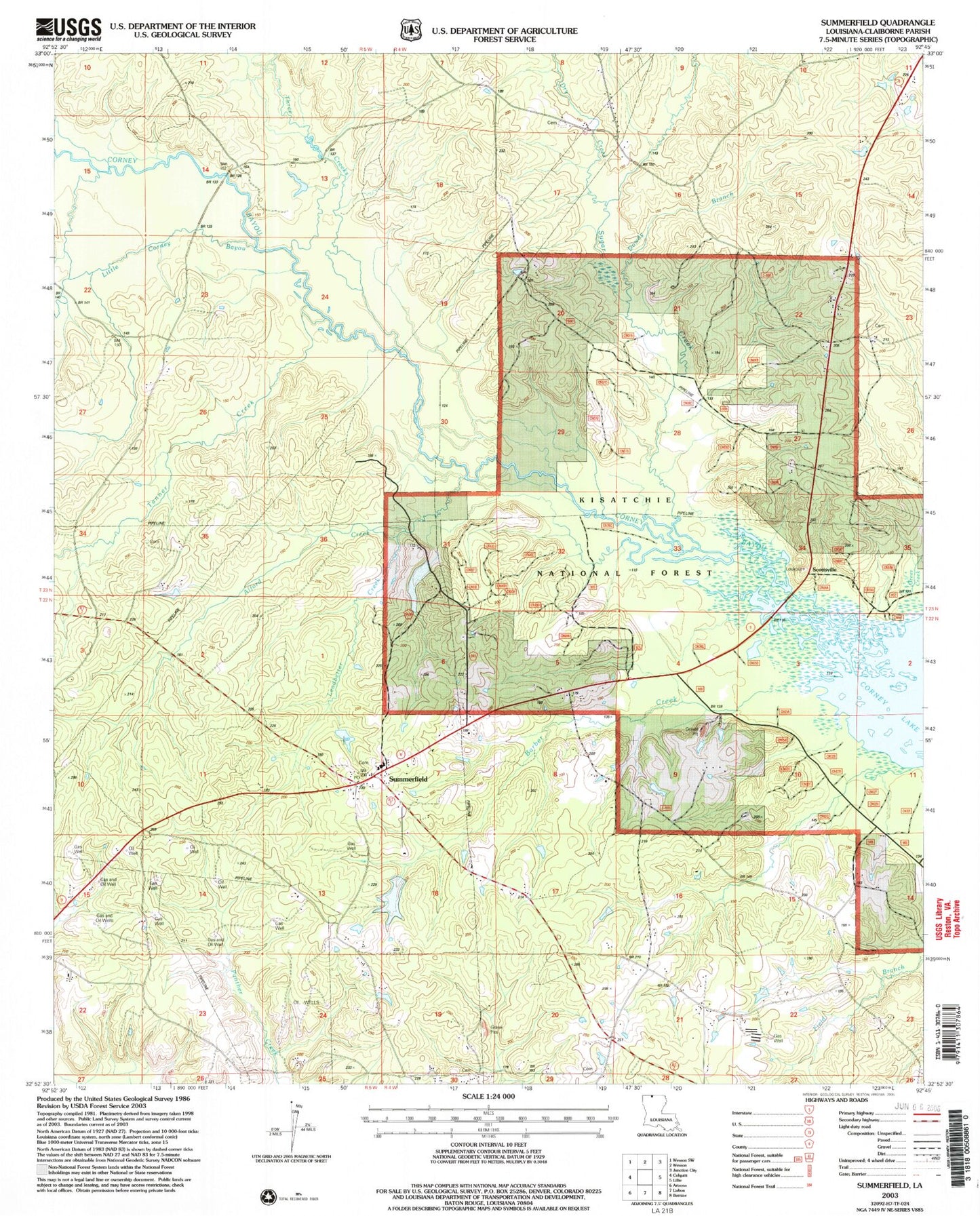 Classic USGS Summerfield Louisiana 7.5'x7.5' Topo Map Image