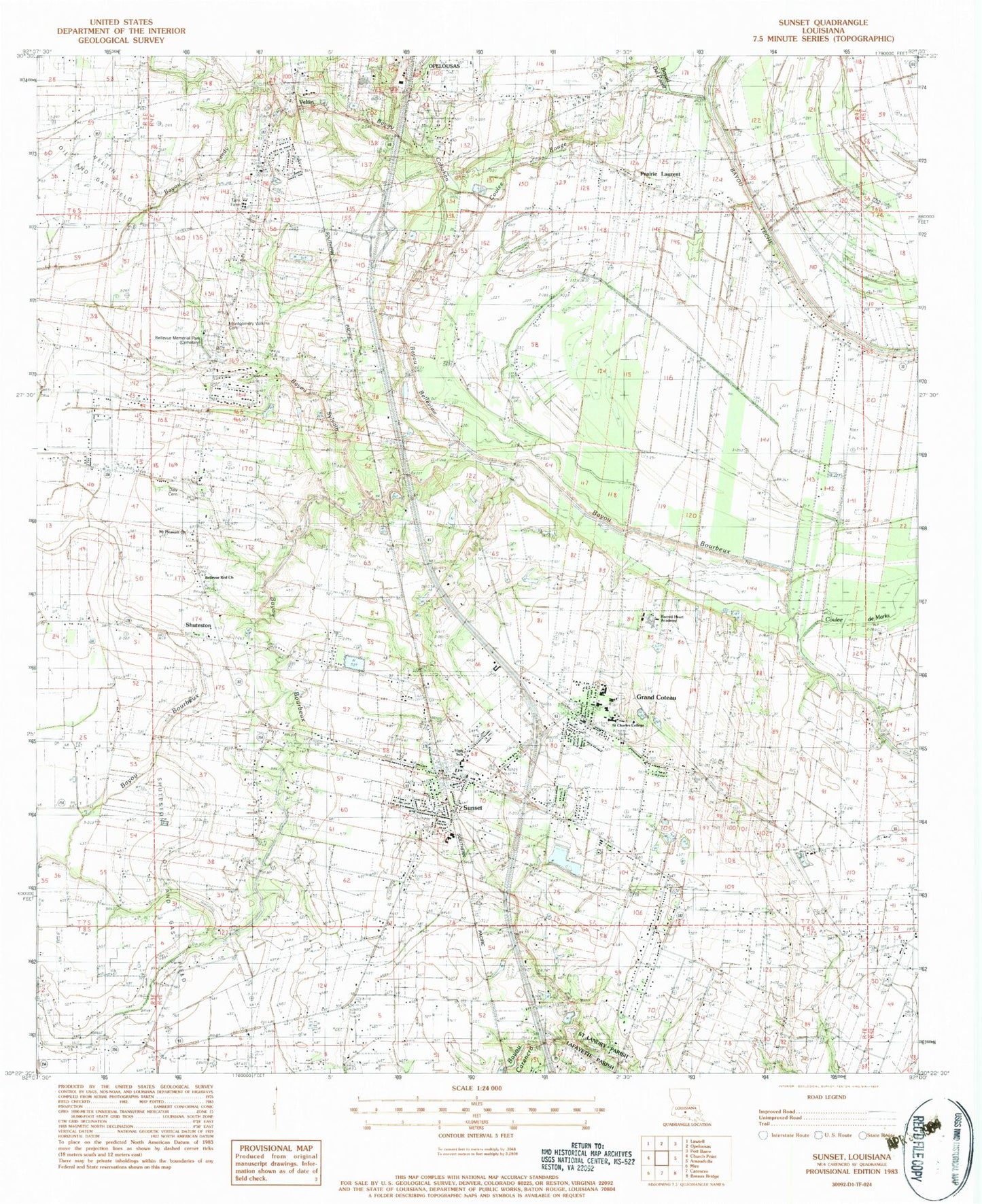 Classic USGS Sunset Louisiana 7.5'x7.5' Topo Map Image
