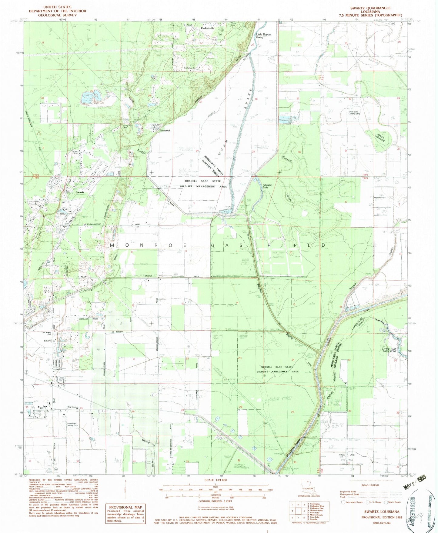 Classic USGS Swartz Louisiana 7.5'x7.5' Topo Map Image