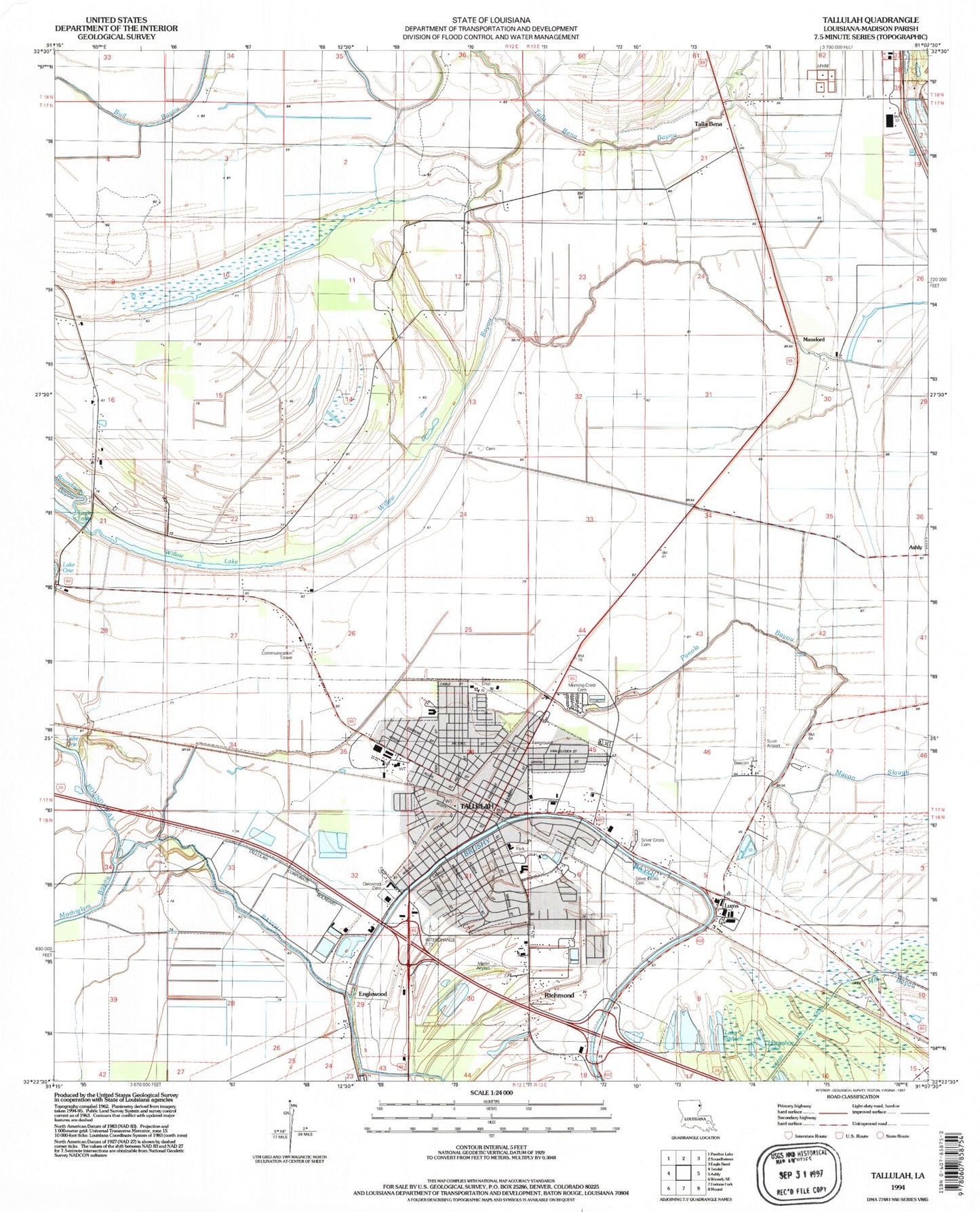 Classic USGS Tallulah Louisiana 7.5'x7.5' Topo Map Image