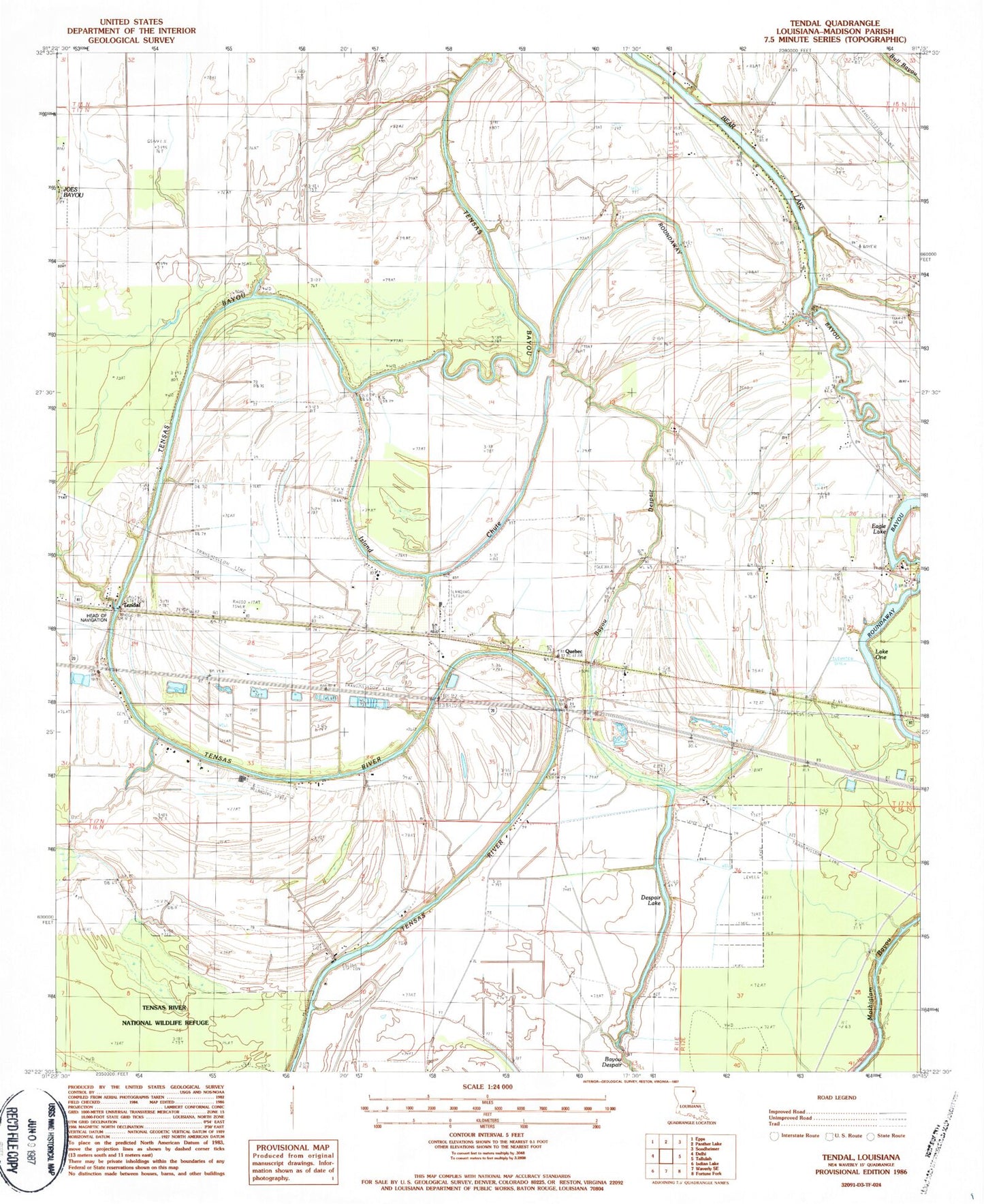 Classic USGS Tendal Louisiana 7.5'x7.5' Topo Map Image