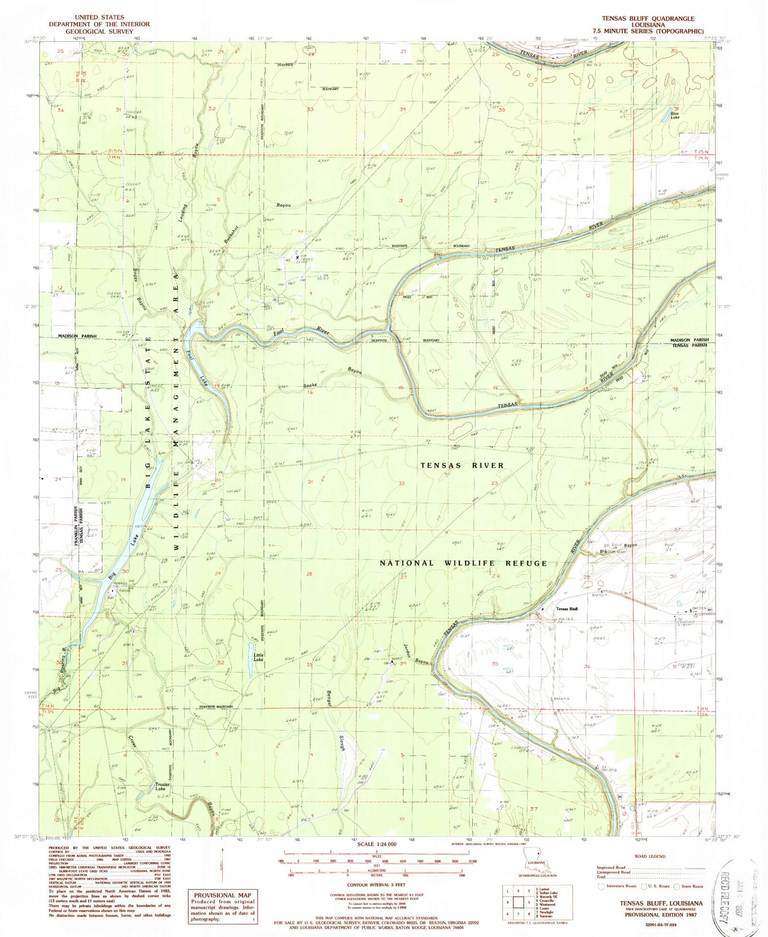 Classic USGS Tensas Bluff Louisiana 7.5'x7.5' Topo Map Image