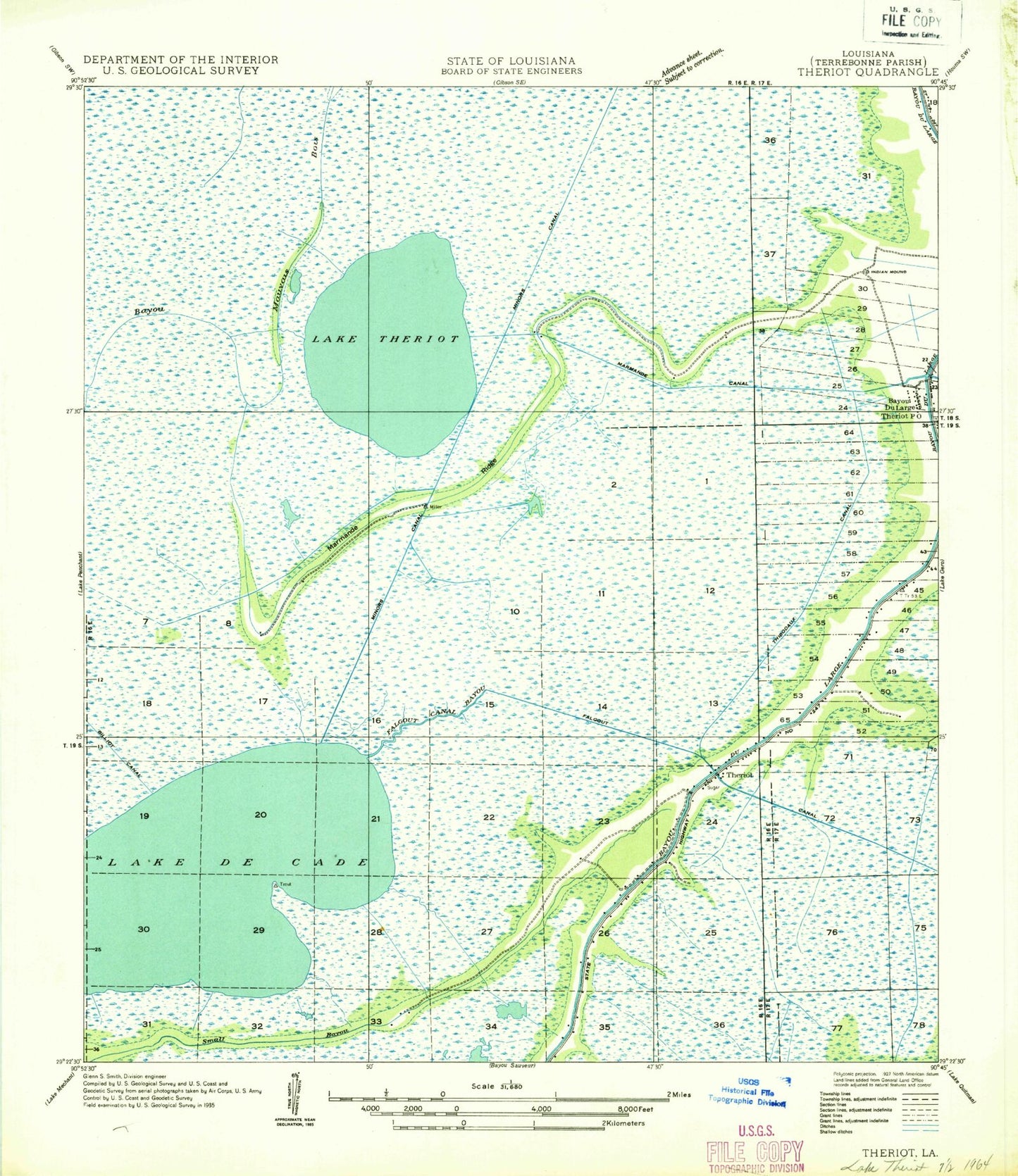 Classic USGS Lake Theriot Louisiana 7.5'x7.5' Topo Map Image