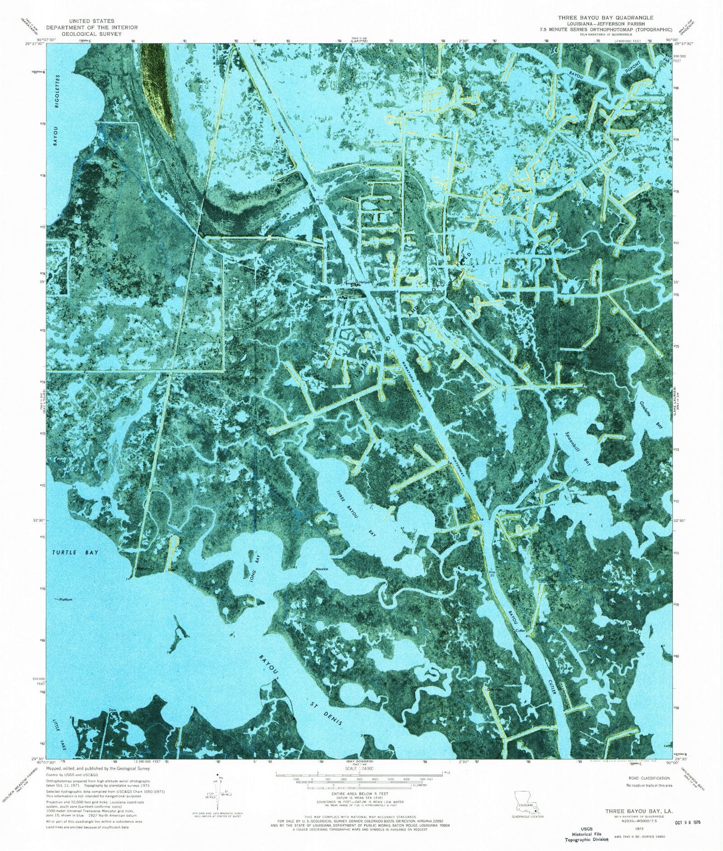 Classic USGS Three Bayou Bay Louisiana 7.5'x7.5' Topo Map Image