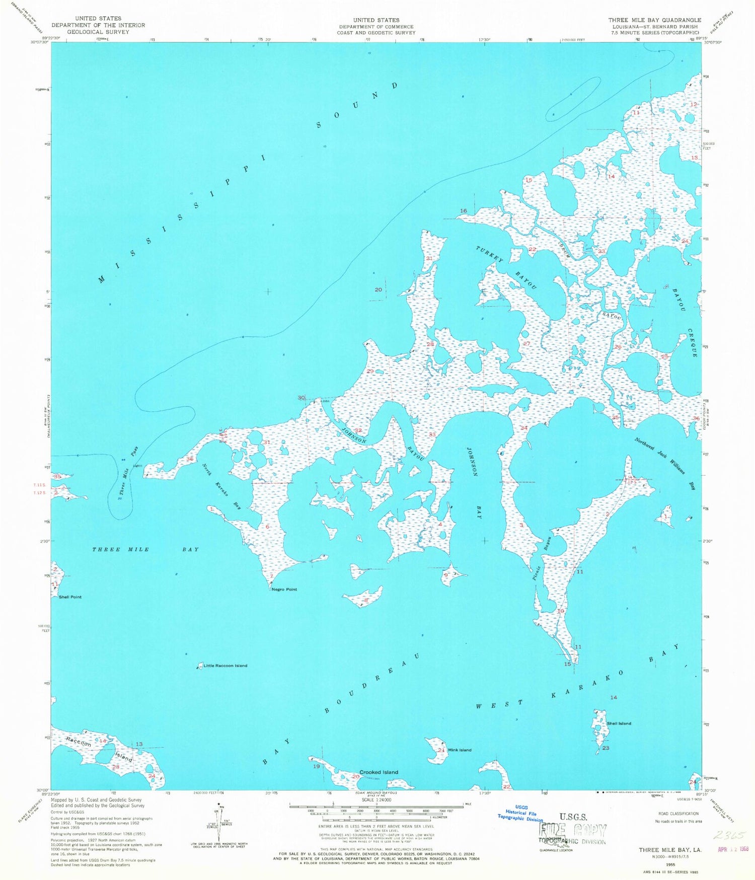 Classic USGS Three Mile Bay Louisiana 7.5'x7.5' Topo Map Image