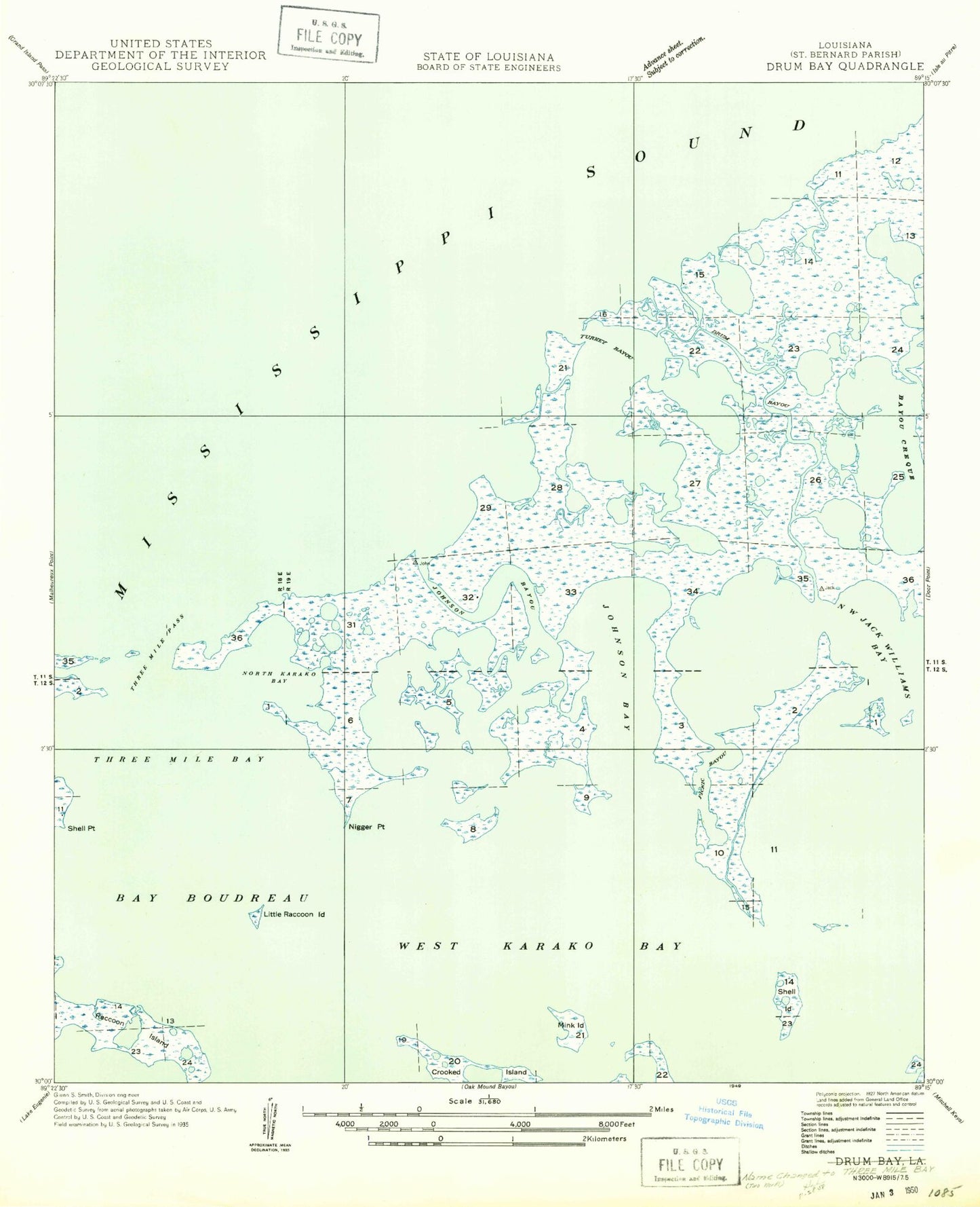 Classic USGS Three Mile Bay Louisiana 7.5'x7.5' Topo Map Image