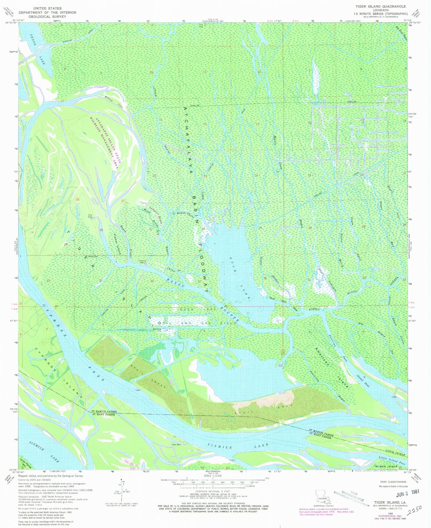 Classic USGS Tiger Island Louisiana 7.5'x7.5' Topo Map Image