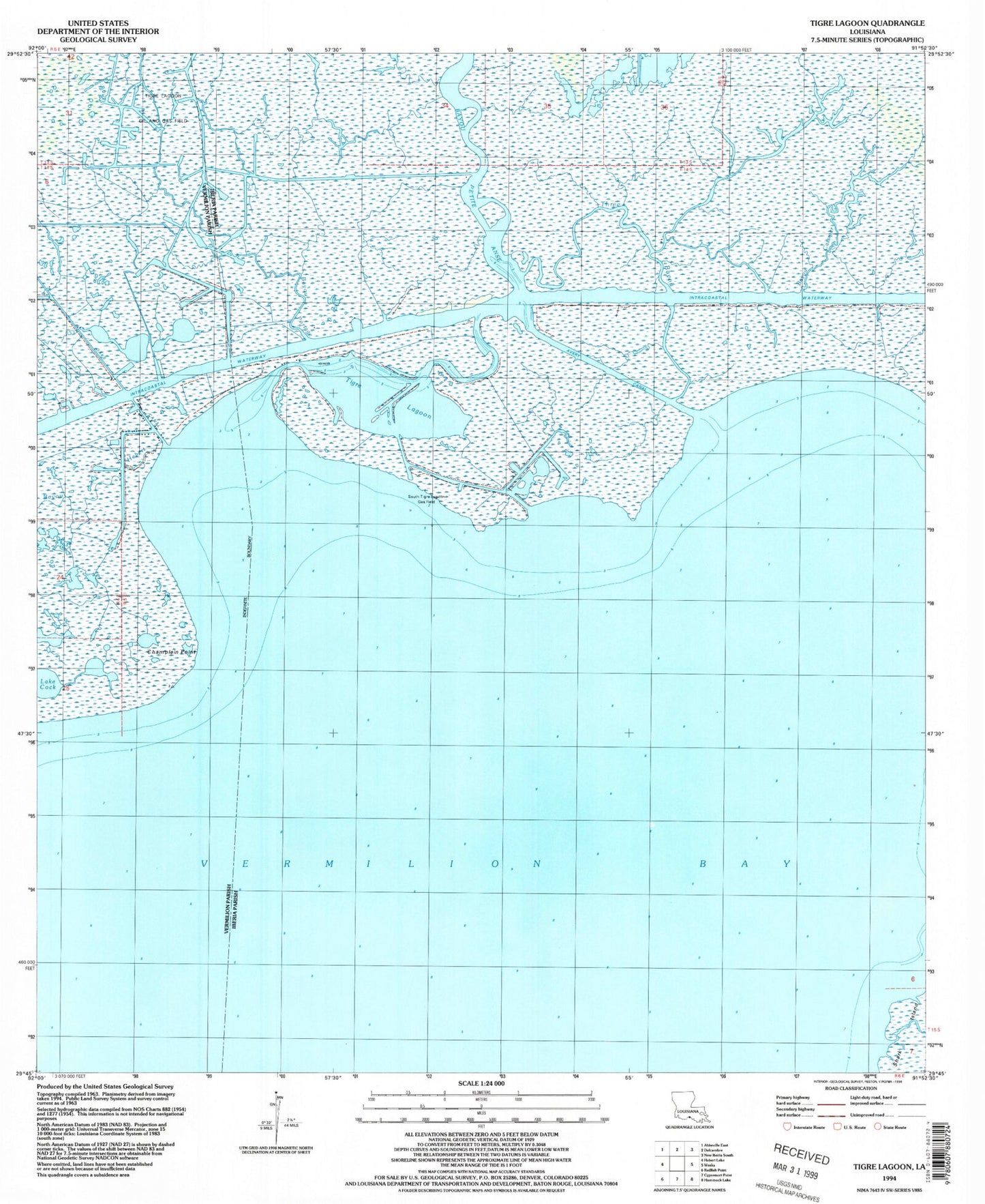 Classic USGS Tigre Lagoon Louisiana 7.5'x7.5' Topo Map Image