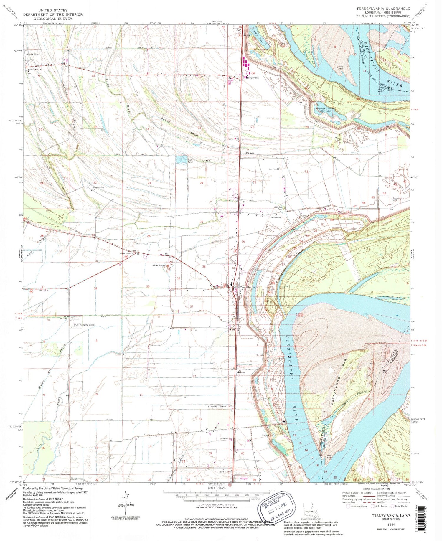 Classic USGS Transylvania Louisiana 7.5'x7.5' Topo Map Image