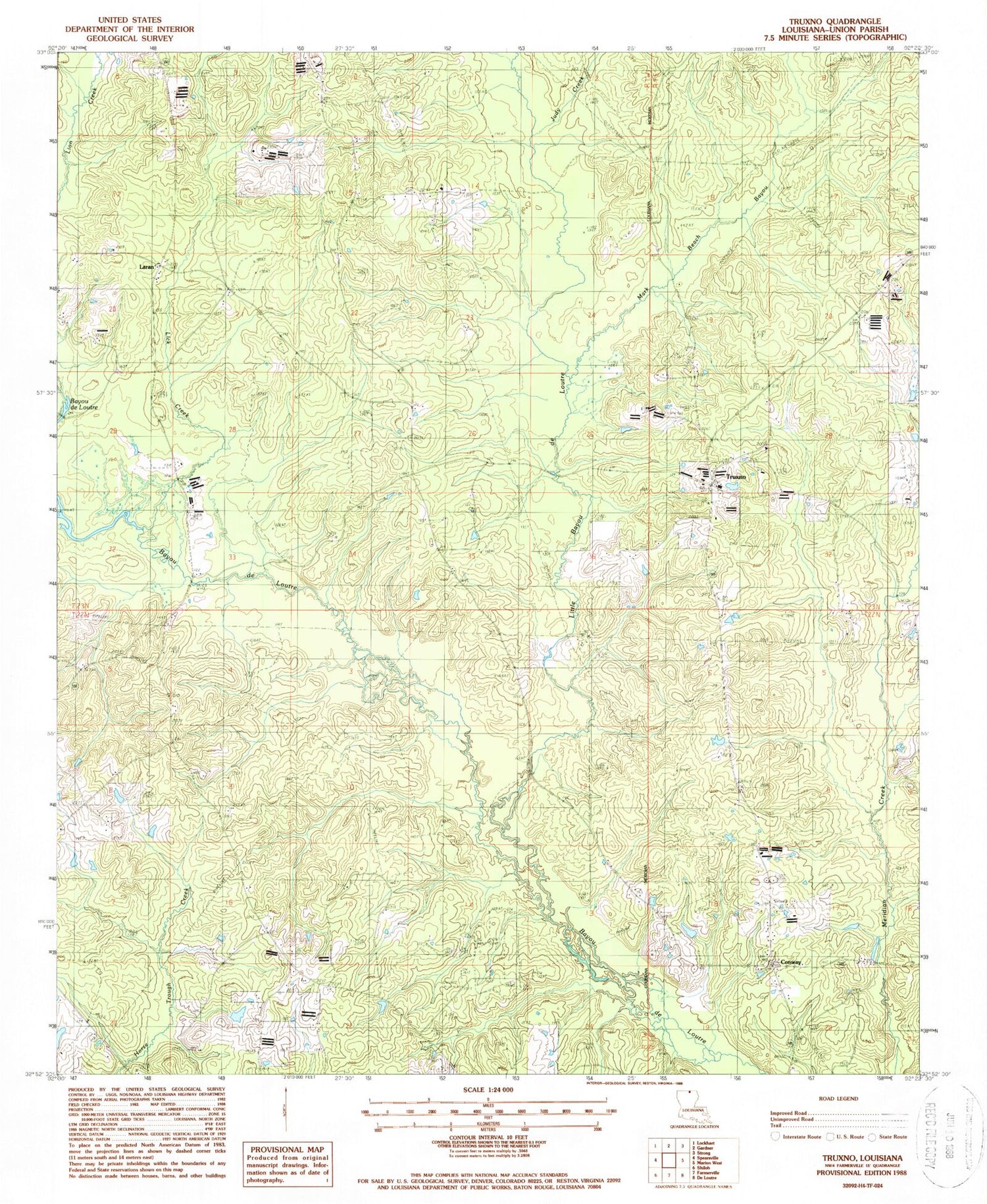 Classic USGS Truxno Louisiana 7.5'x7.5' Topo Map Image