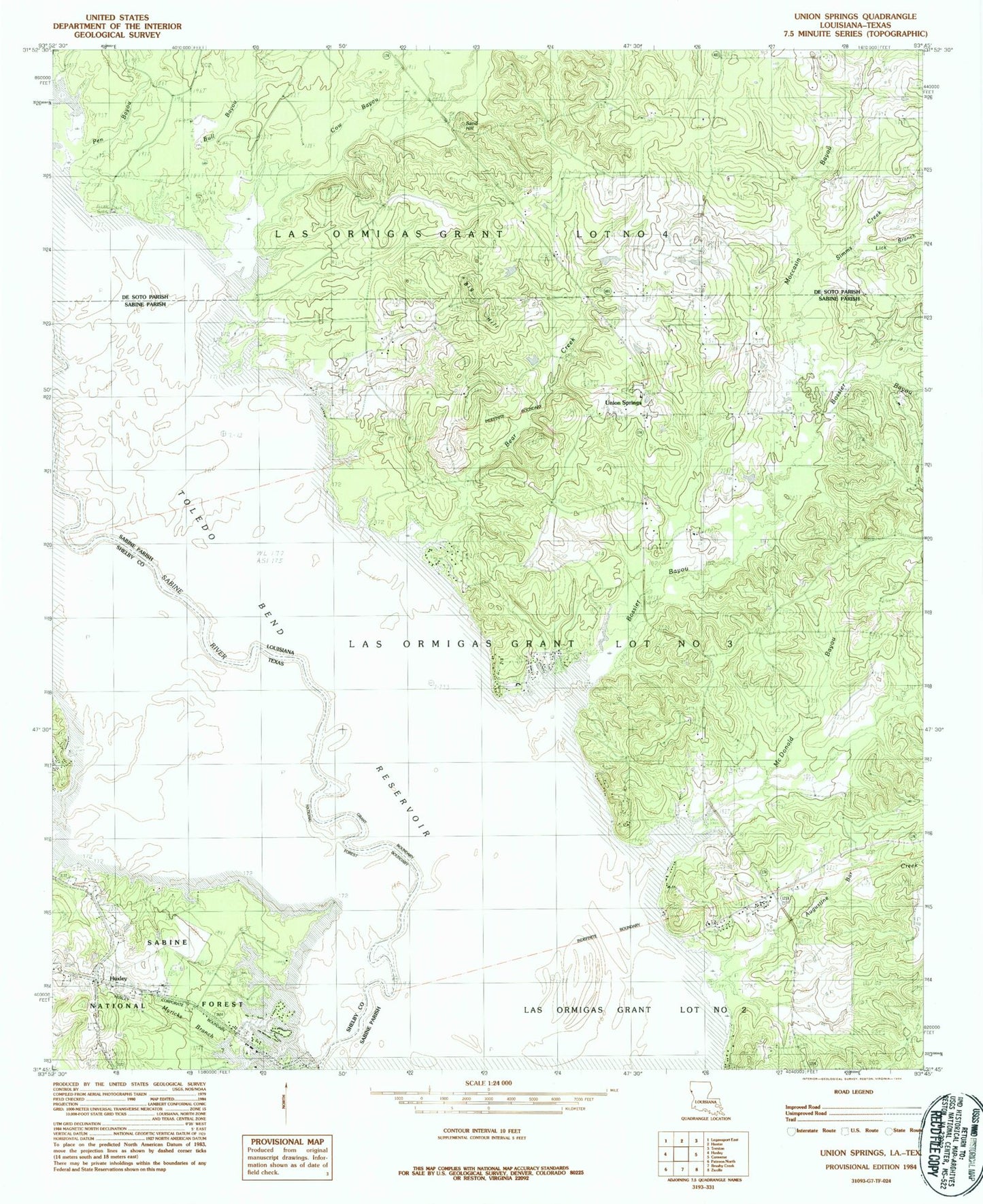 Classic USGS Union Springs Louisiana 7.5'x7.5' Topo Map Image