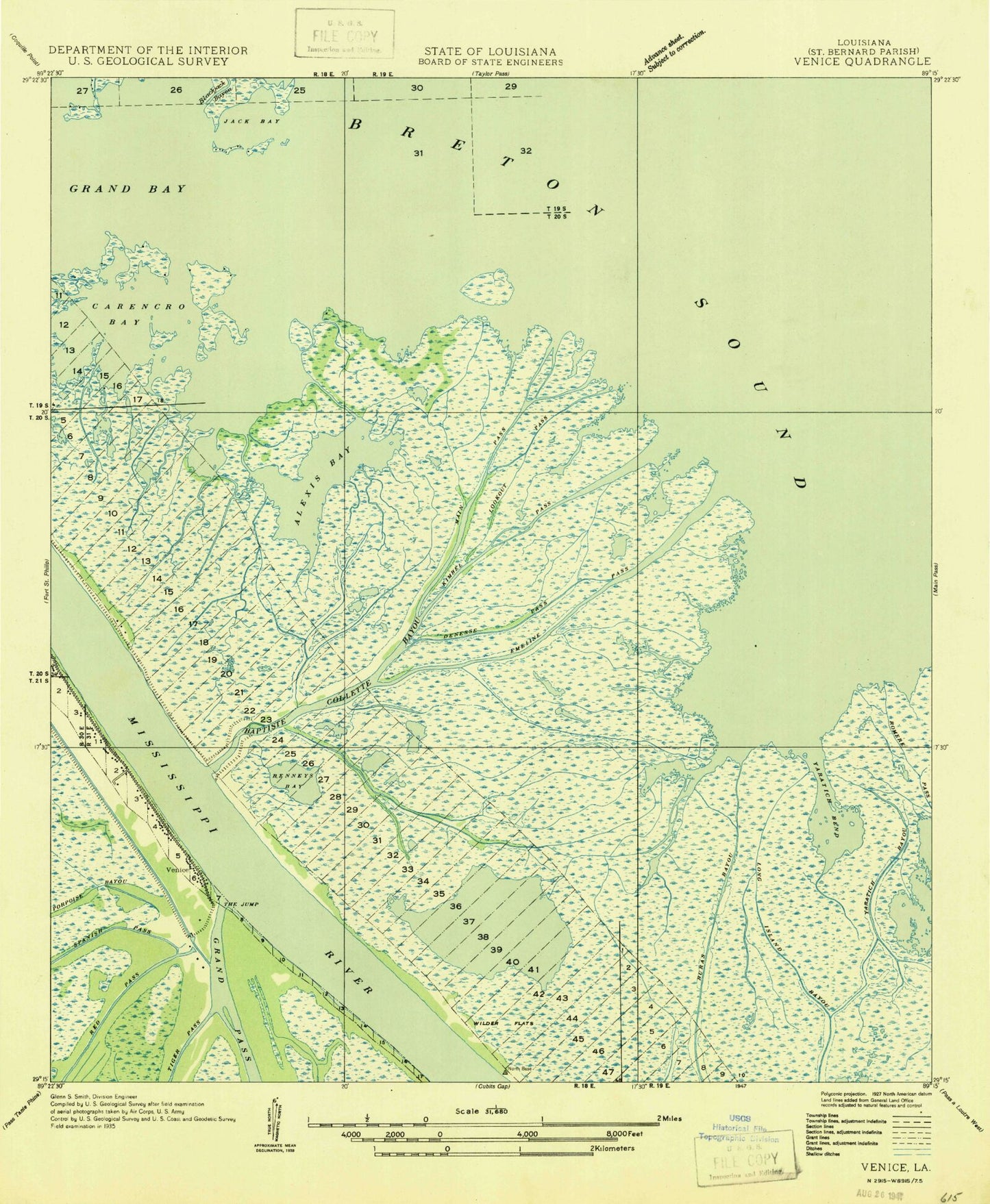 Classic USGS Venice Louisiana 7.5'x7.5' Topo Map Image