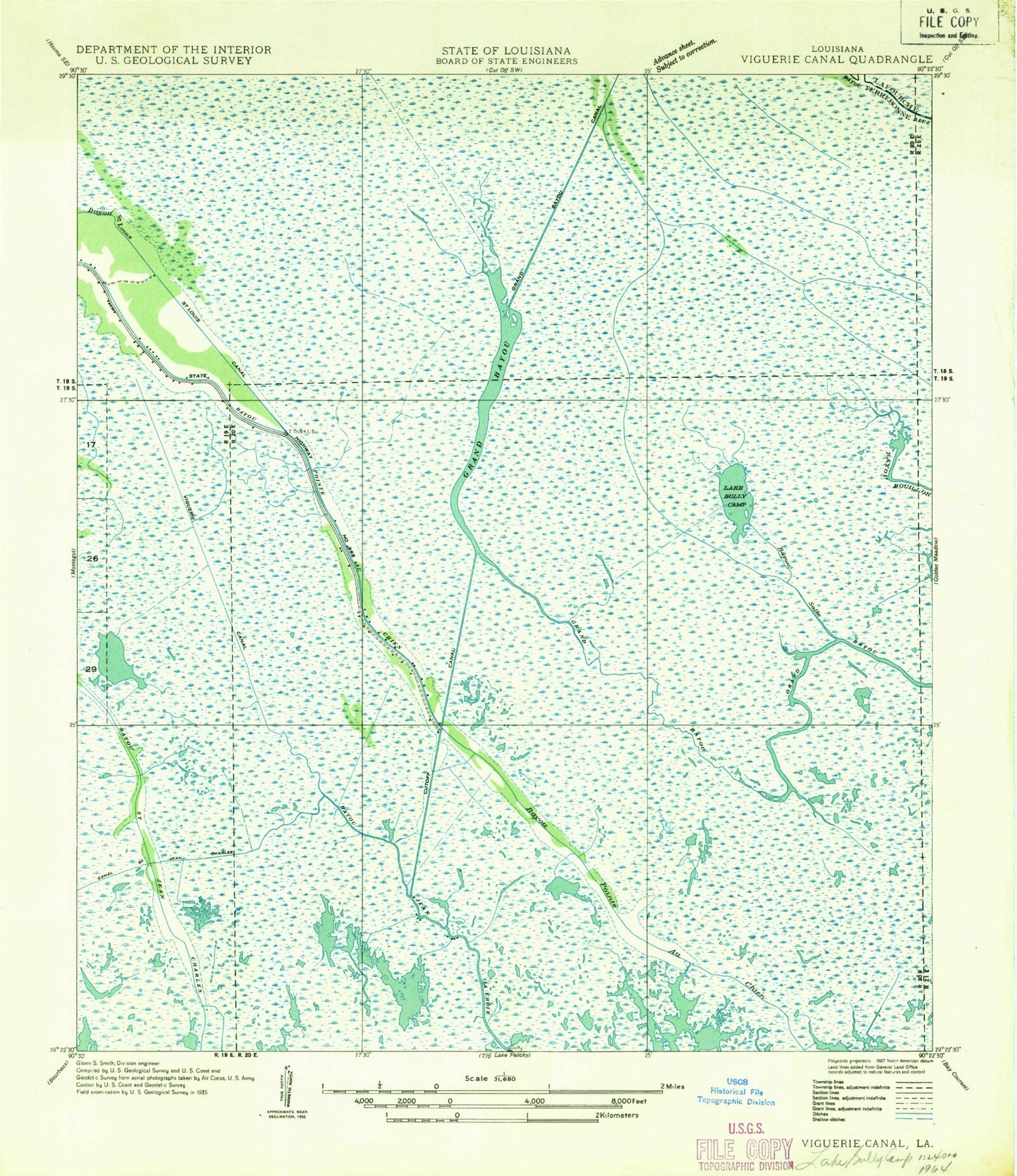 Classic USGS Lake Bully Camp Louisiana 7.5'x7.5' Topo Map Image