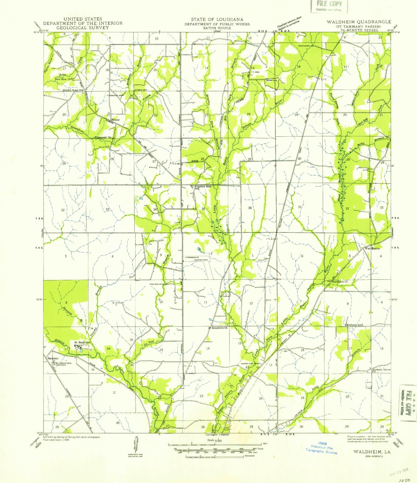 Classic USGS Waldheim Louisiana 7.5'x7.5' Topo Map Image