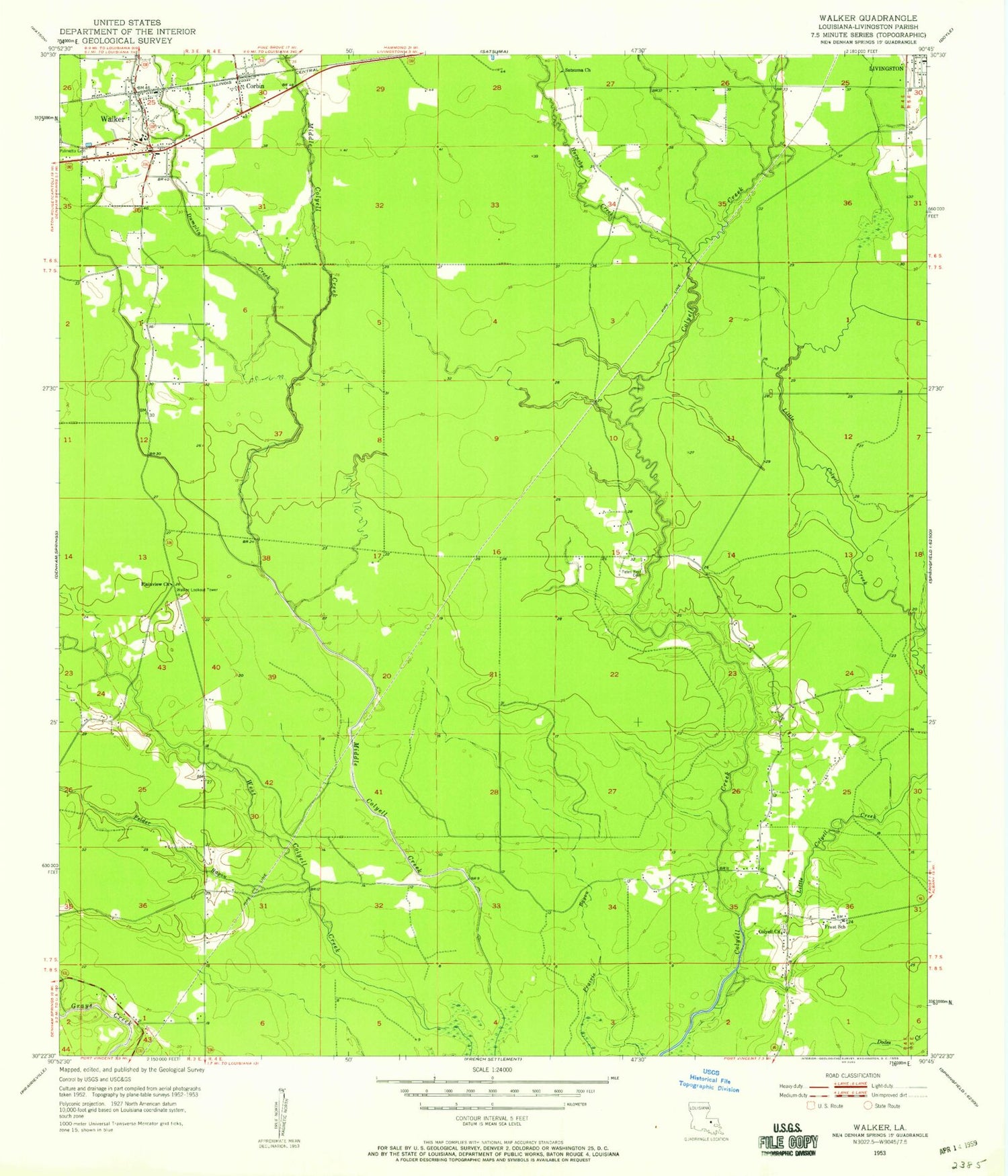 Classic USGS Walker Louisiana 7.5'x7.5' Topo Map Image
