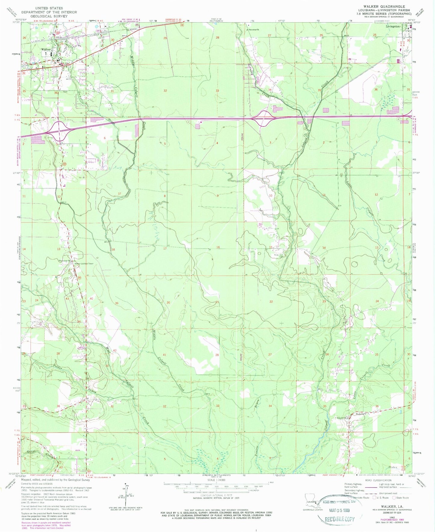 Classic USGS Walker Louisiana 7.5'x7.5' Topo Map Image