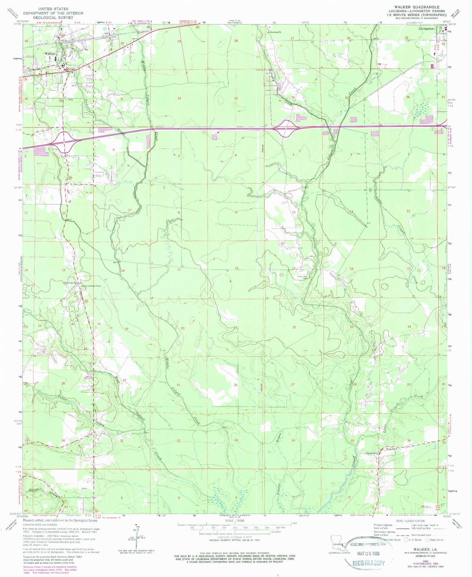 Classic USGS Walker Louisiana 7.5'x7.5' Topo Map Image