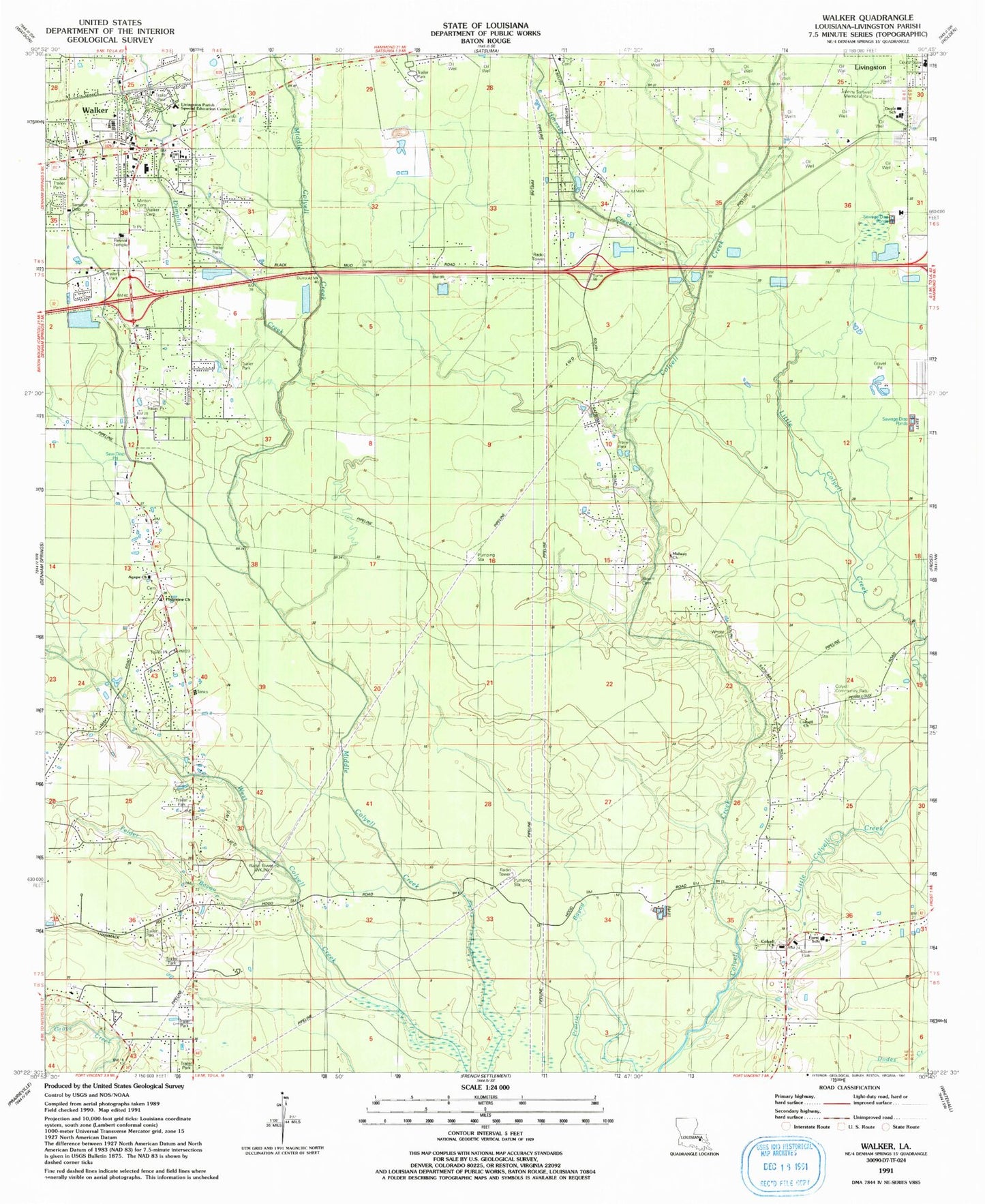 Classic USGS Walker Louisiana 7.5'x7.5' Topo Map Image