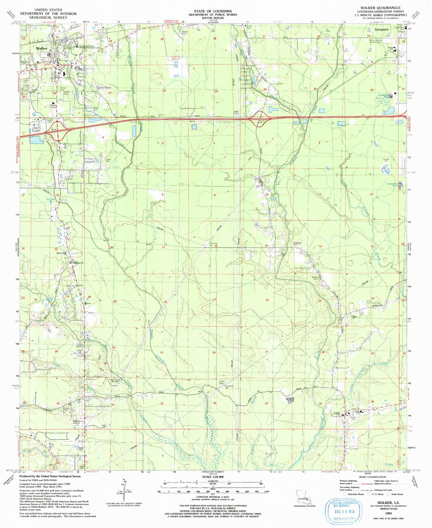 Classic USGS Walker Louisiana 7.5'x7.5' Topo Map Image