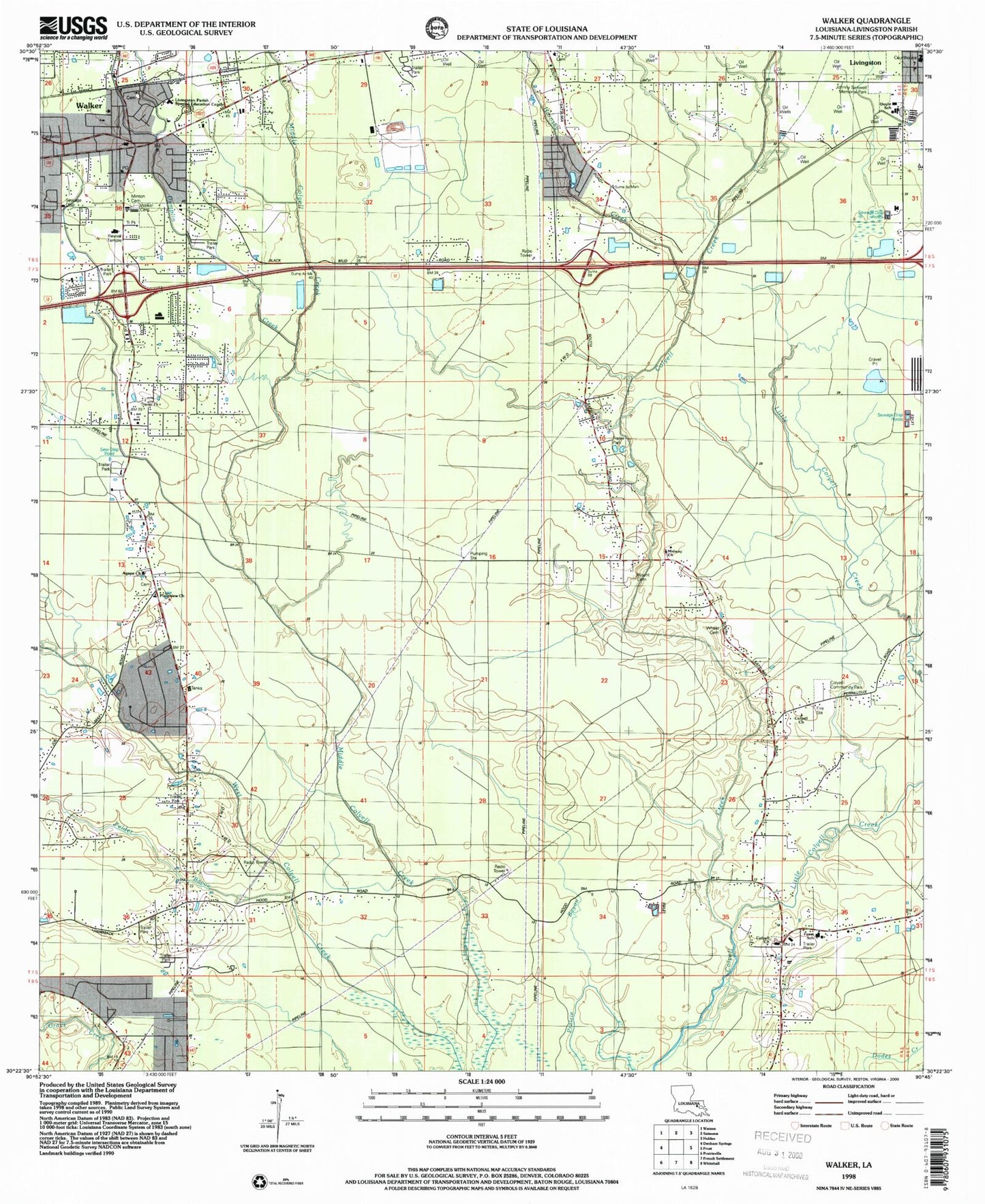 Classic USGS Walker Louisiana 7.5'x7.5' Topo Map Image