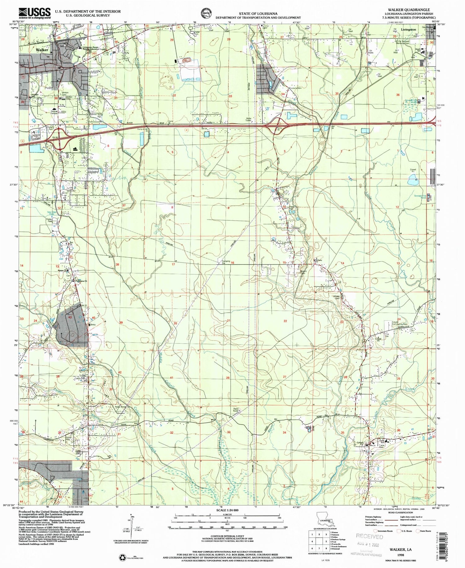 Classic USGS Walker Louisiana 7.5'x7.5' Topo Map Image