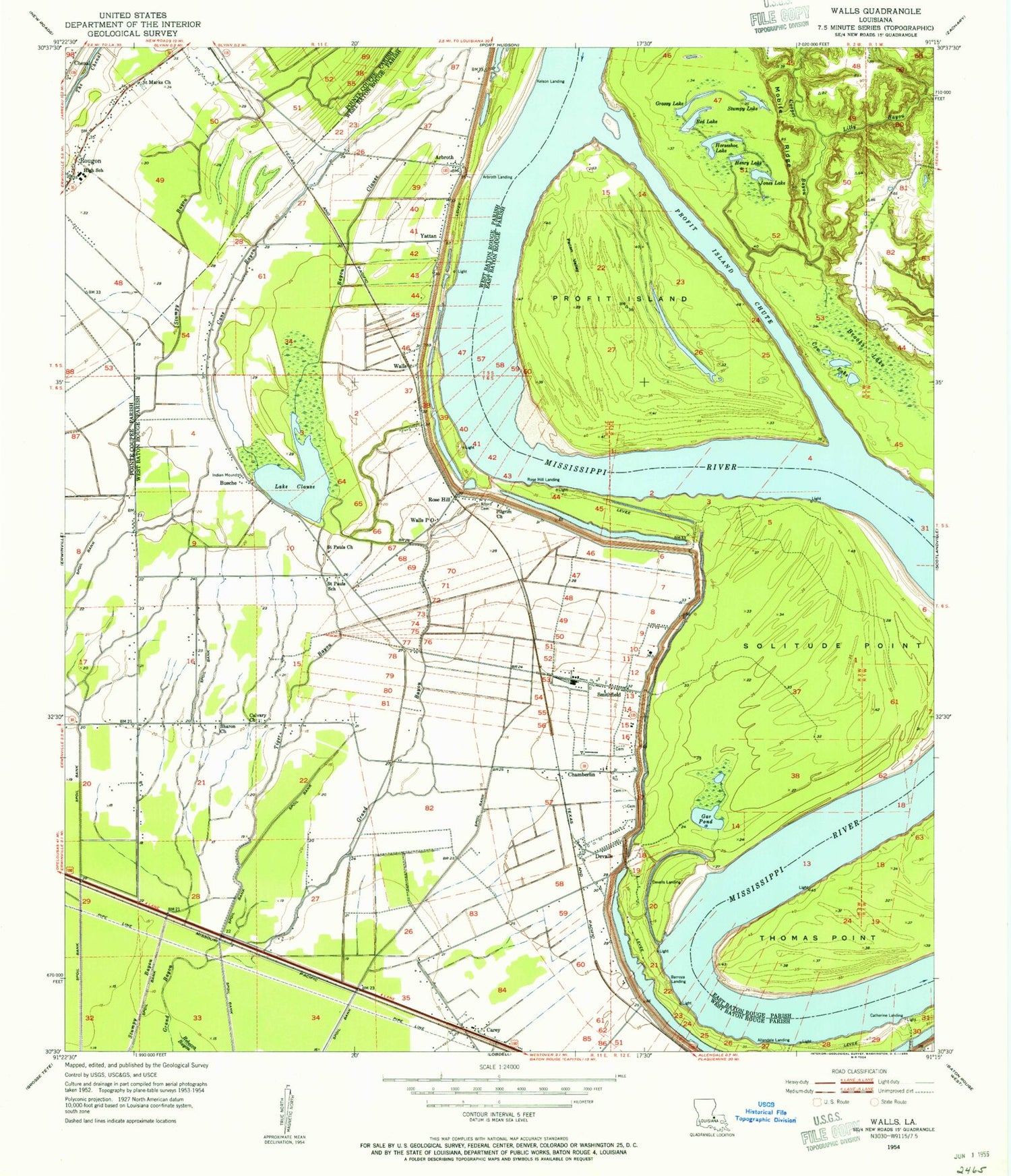 Classic USGS Walls Louisiana 7.5'x7.5' Topo Map Image