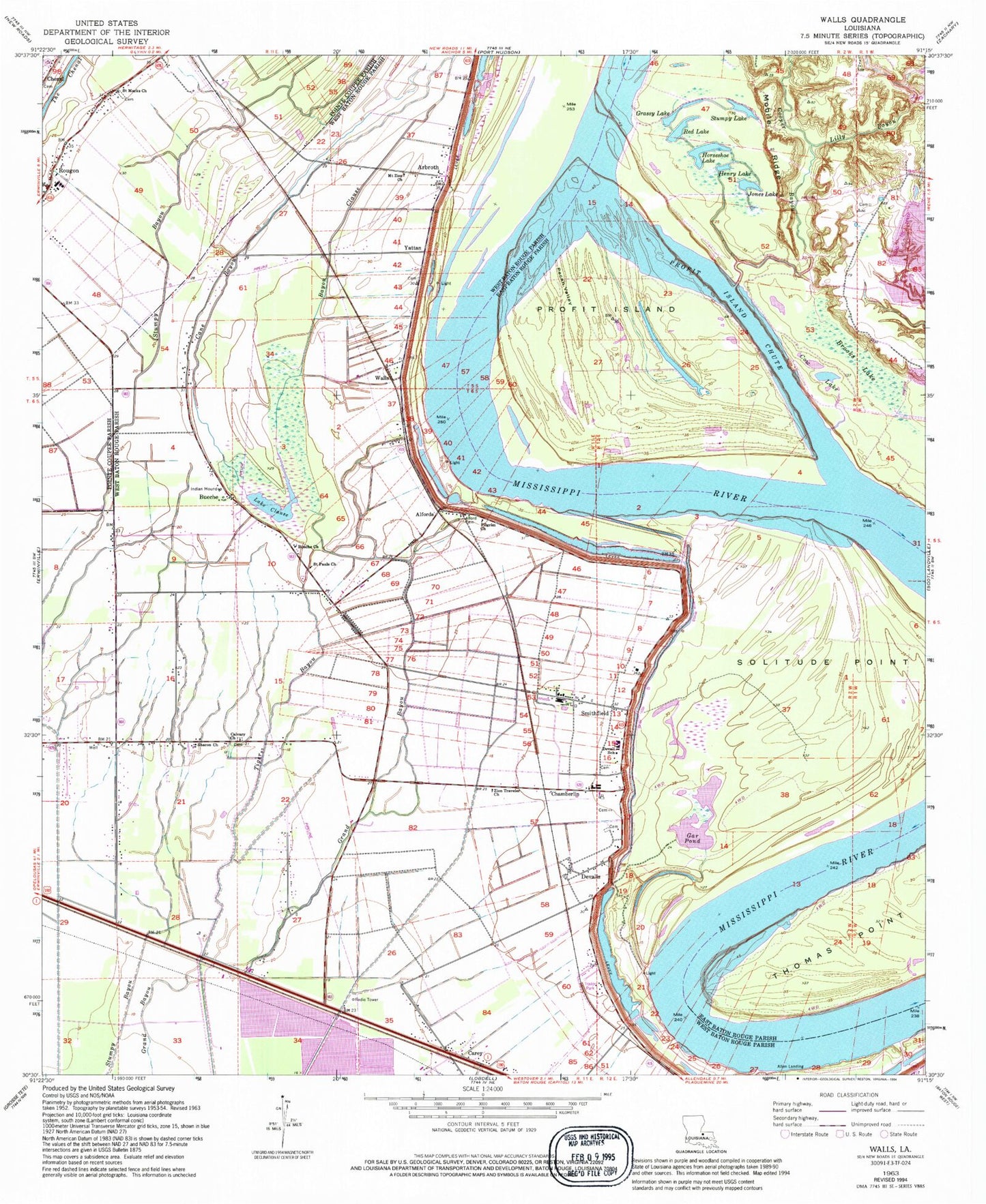 Classic USGS Walls Louisiana 7.5'x7.5' Topo Map Image