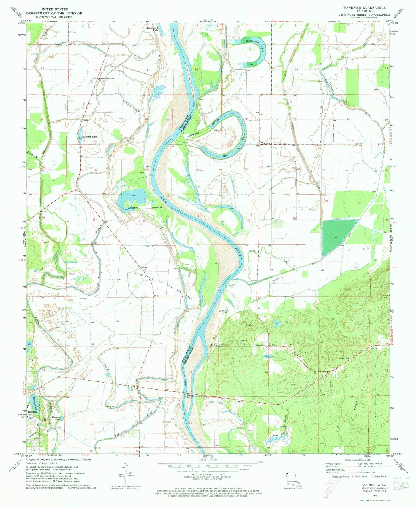 Classic USGS Wardview Louisiana 7.5'x7.5' Topo Map Image