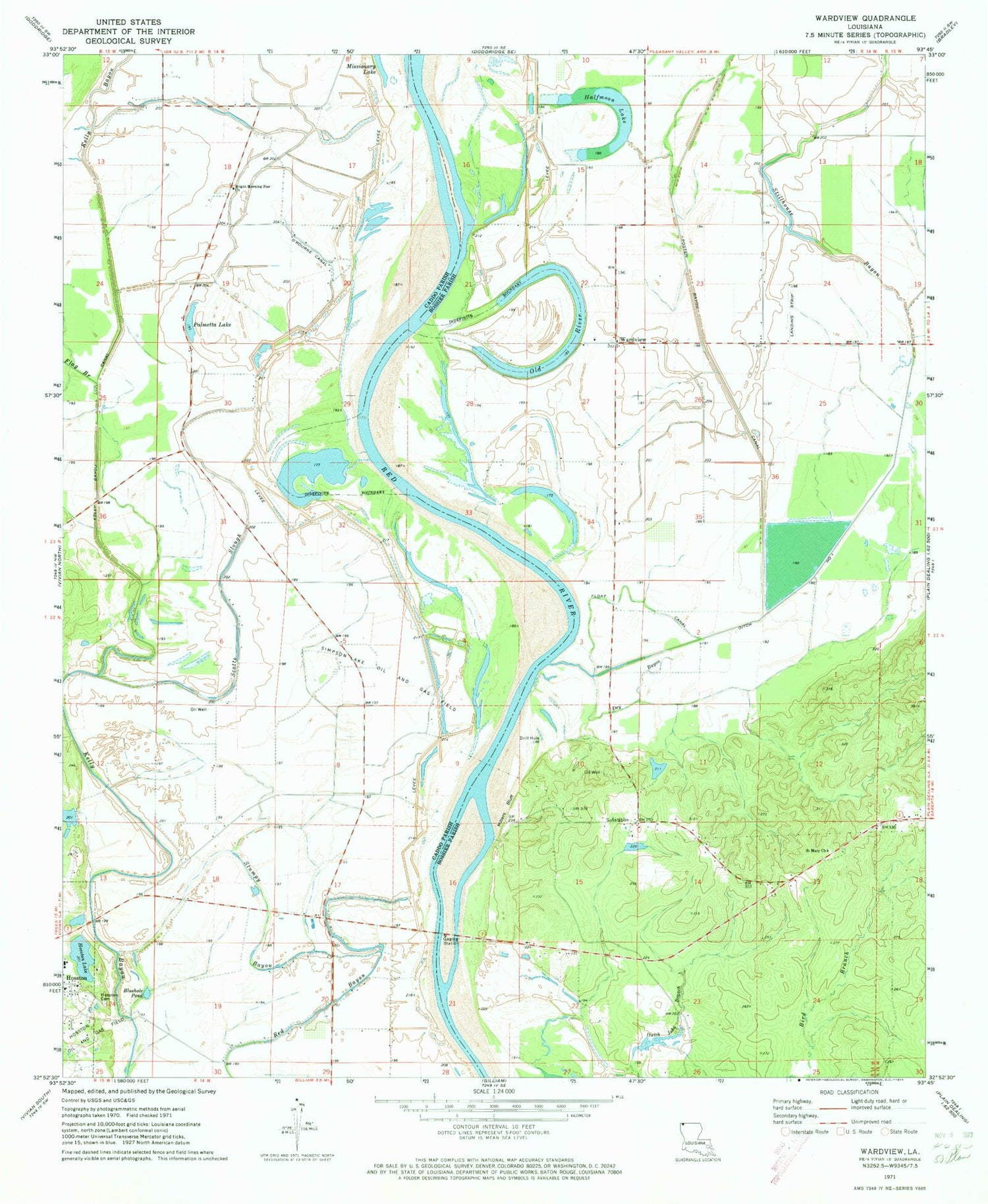 Classic USGS Wardview Louisiana 7.5'x7.5' Topo Map Image