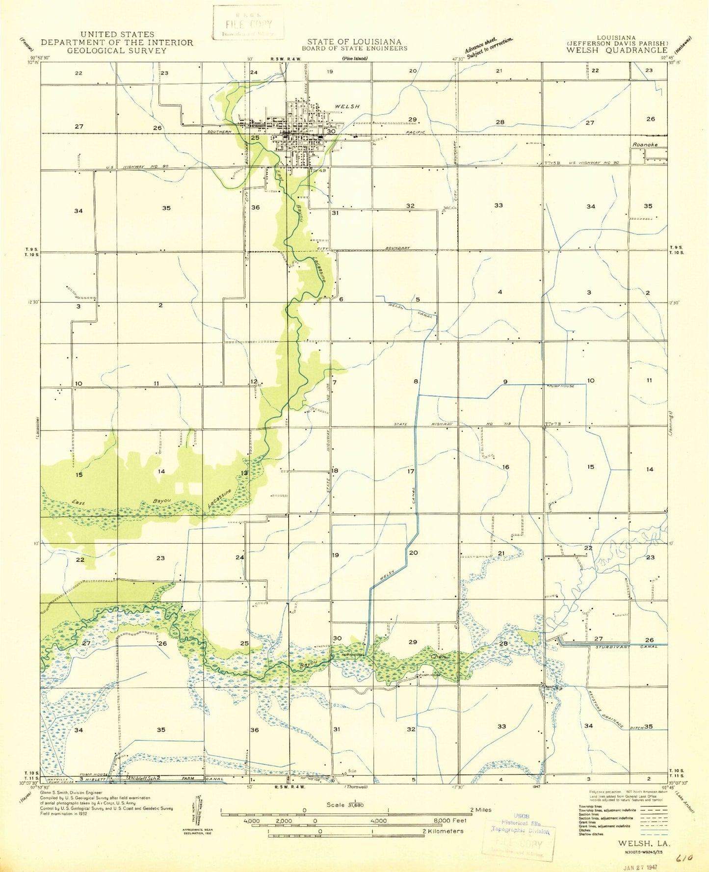 Classic USGS Welsh South Louisiana 7.5'x7.5' Topo Map Image
