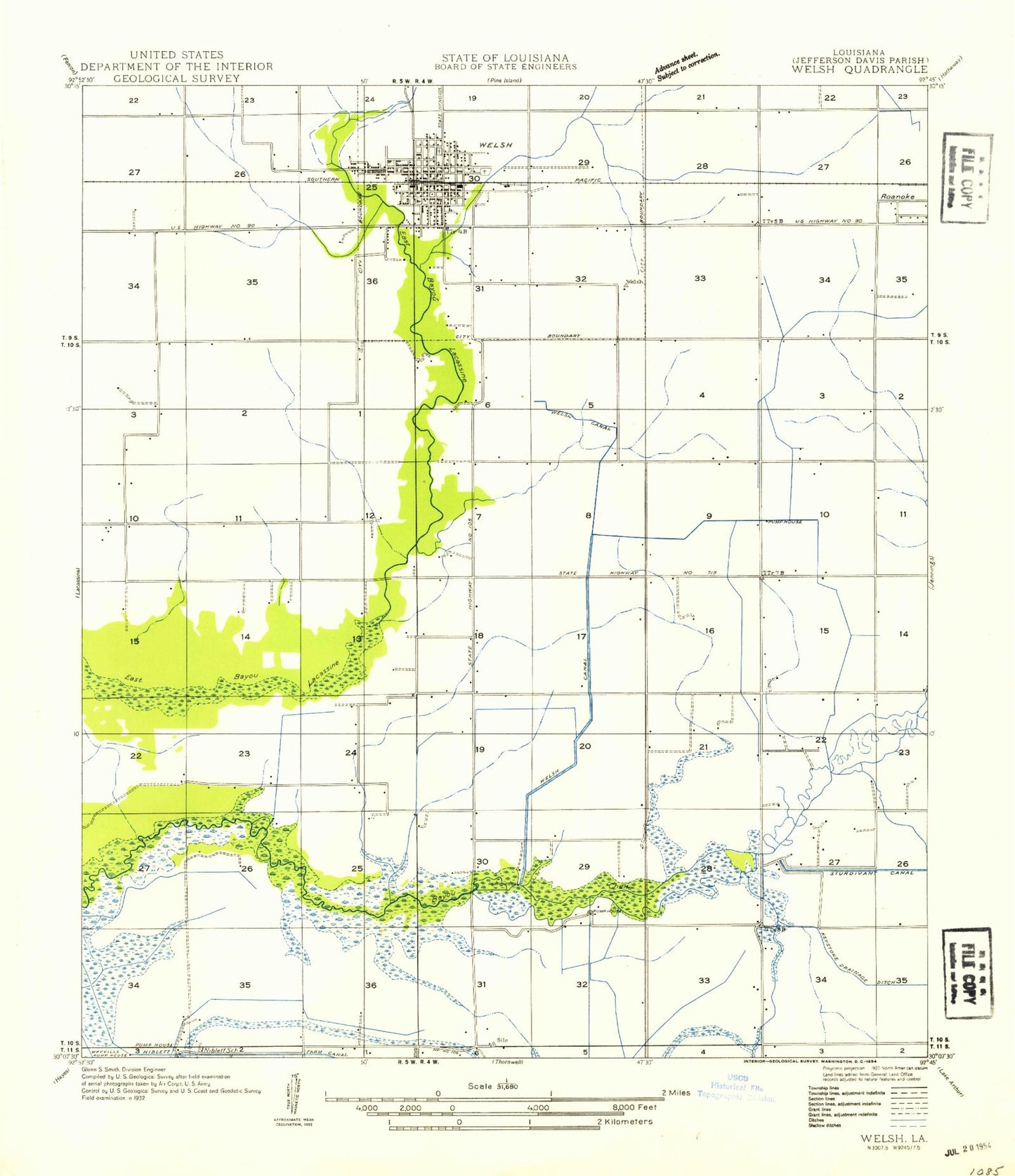 Classic USGS Welsh South Louisiana 7.5'x7.5' Topo Map Image