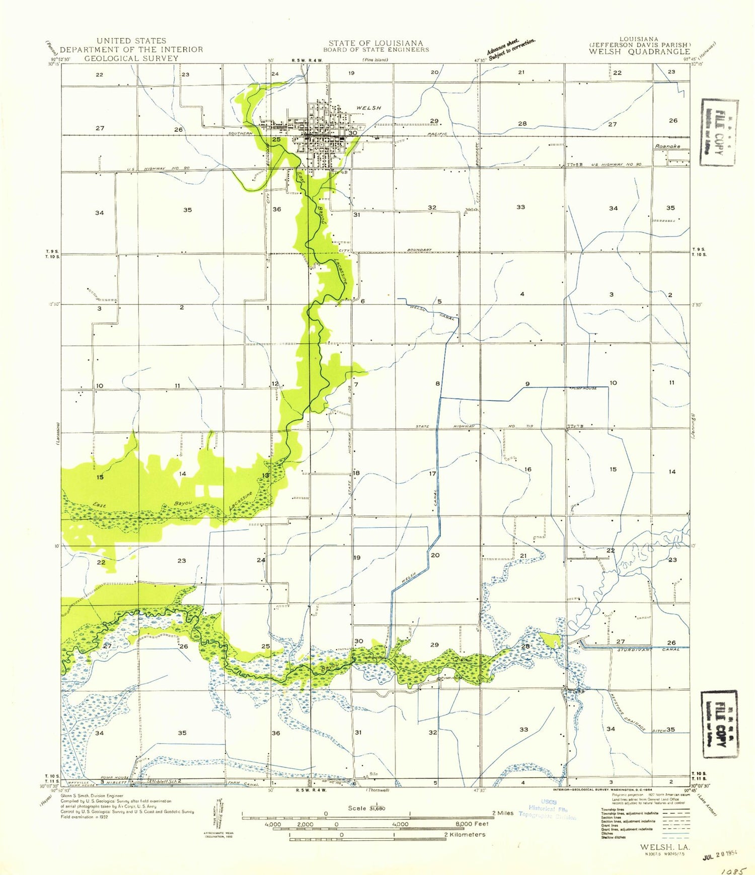 Classic USGS Welsh South Louisiana 7.5'x7.5' Topo Map Image