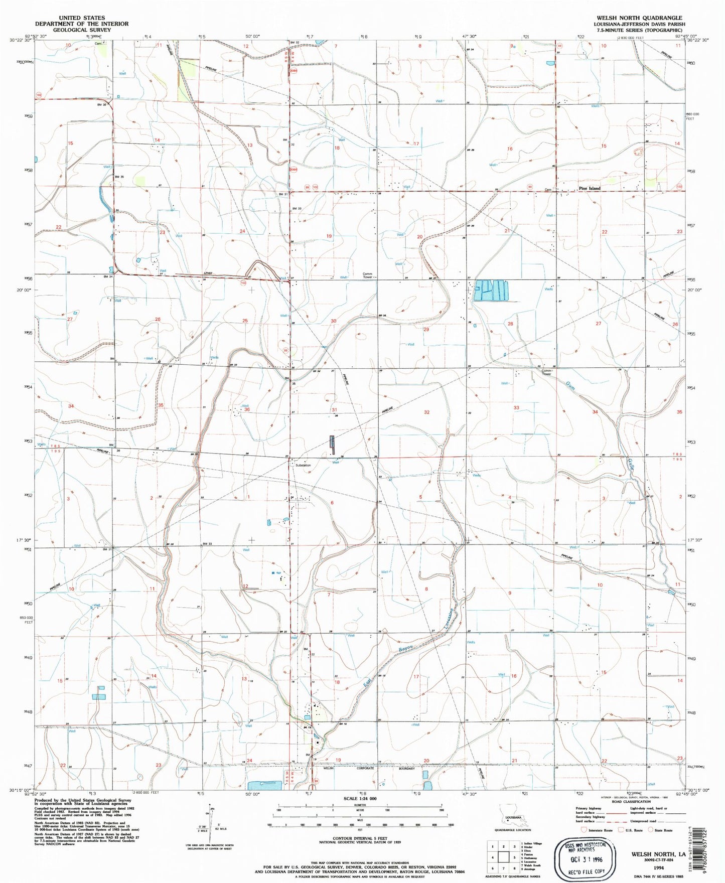 Classic USGS Welsh North Louisiana 7.5'x7.5' Topo Map Image