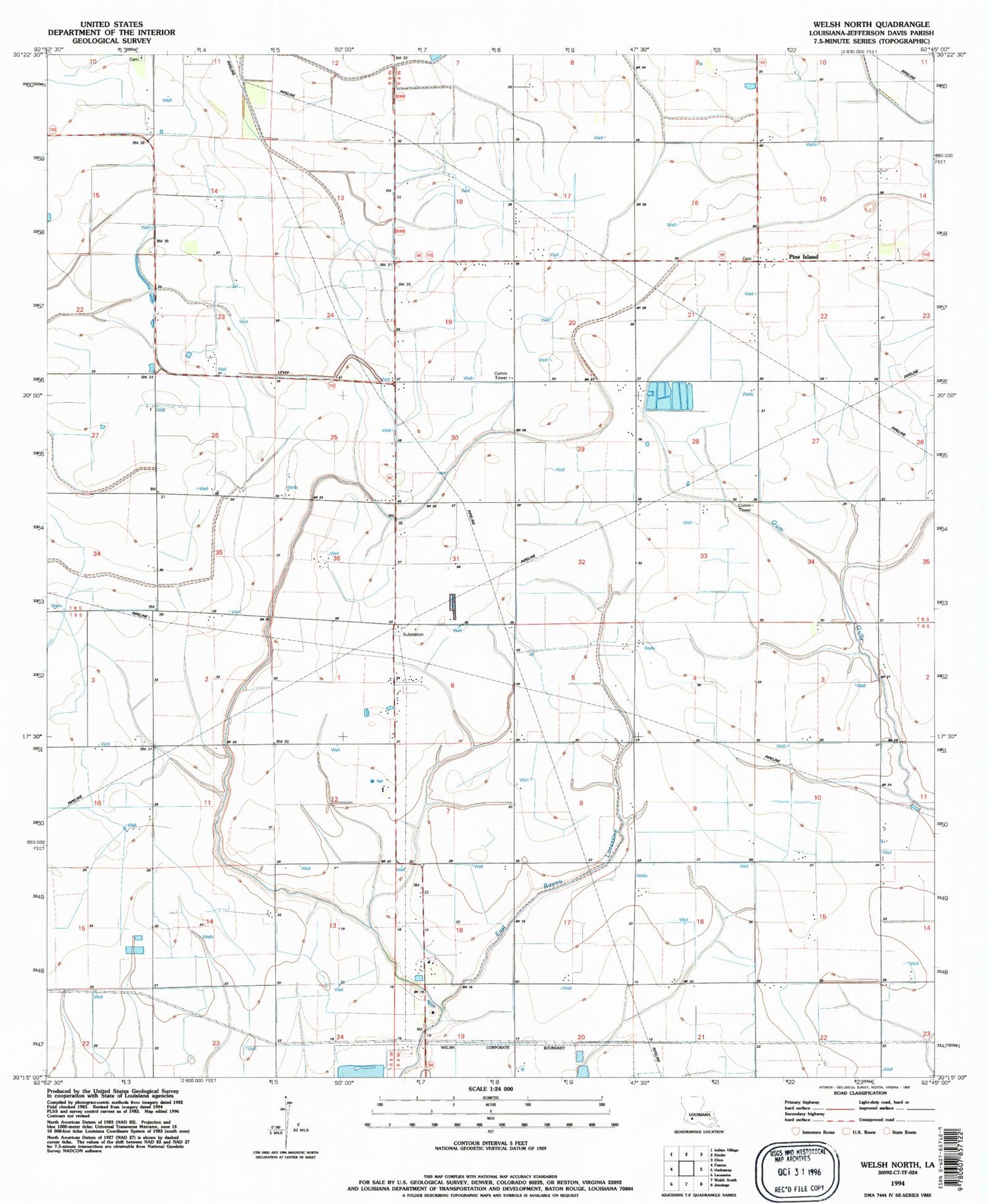 Classic USGS Welsh North Louisiana 7.5'x7.5' Topo Map Image