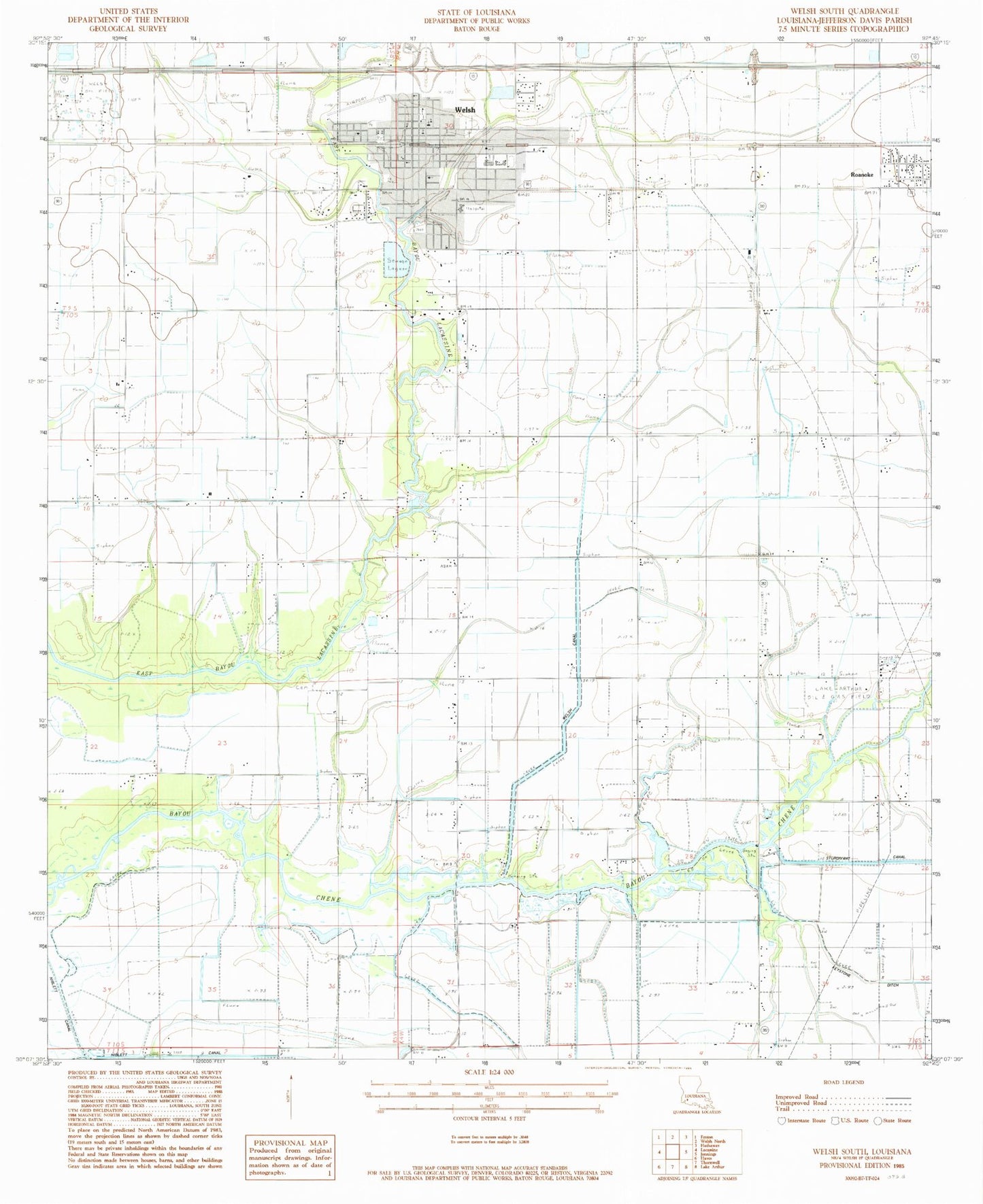 Classic USGS Welsh South Louisiana 7.5'x7.5' Topo Map Image