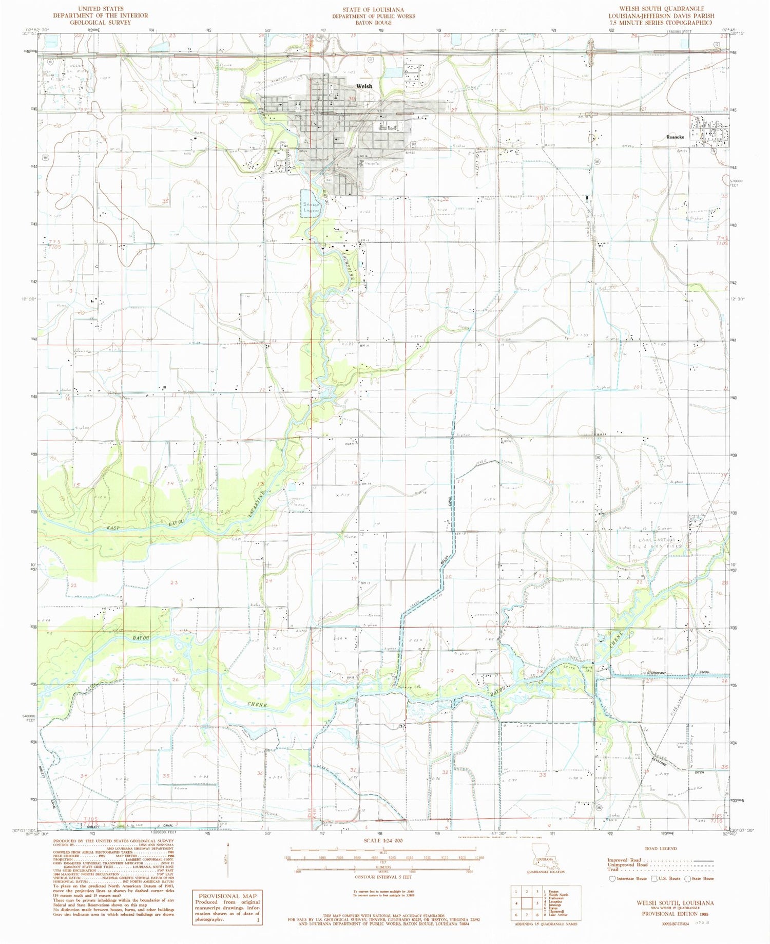Classic USGS Welsh South Louisiana 7.5'x7.5' Topo Map Image